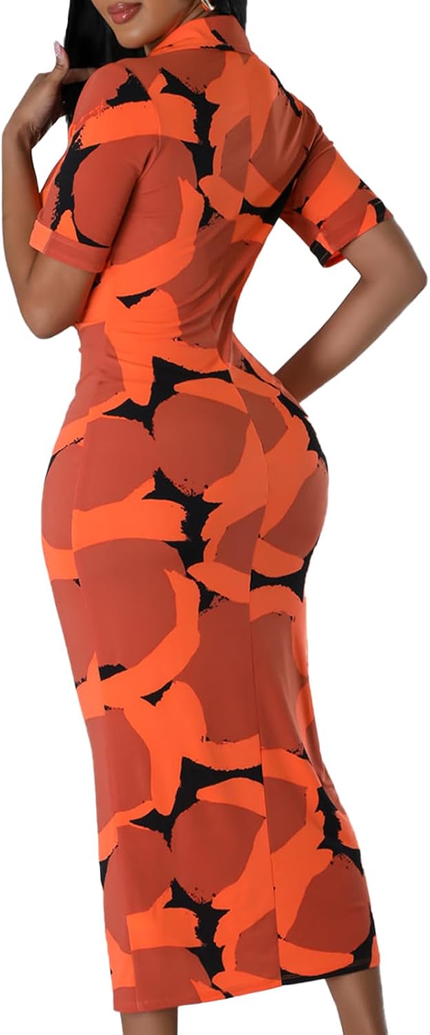 ZERMOM Women's Button Down Shirt Dress Short Sleeve Print Collar V Neck Summer Bodycon Midi Dresses - Image 2