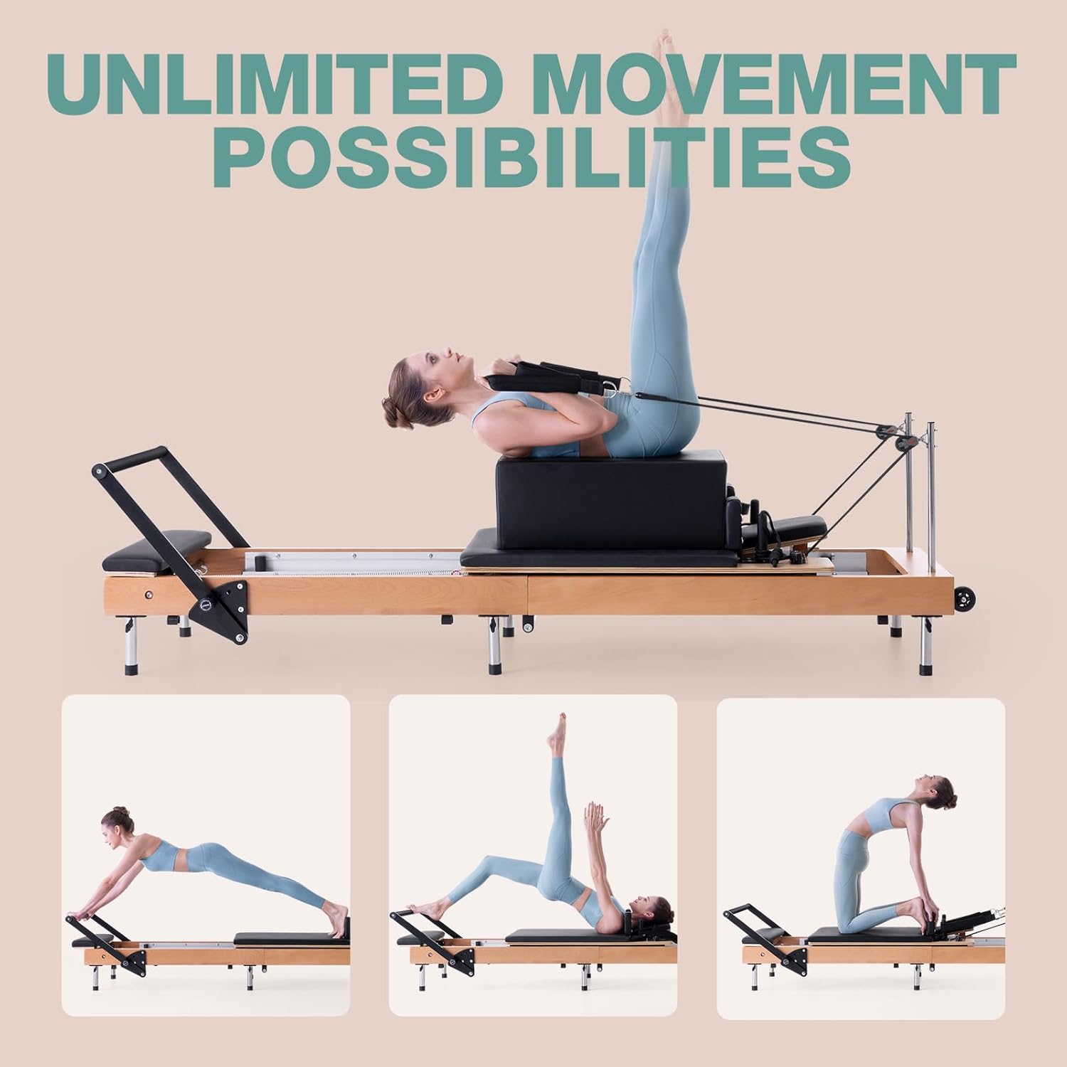 Arkantos Pilates Reformer Machine, Pilates Equipment for Gym and Home Workout, Foldable Wooden Frame with Reformer Box, Easy to Store Padded Jump Board（Black）