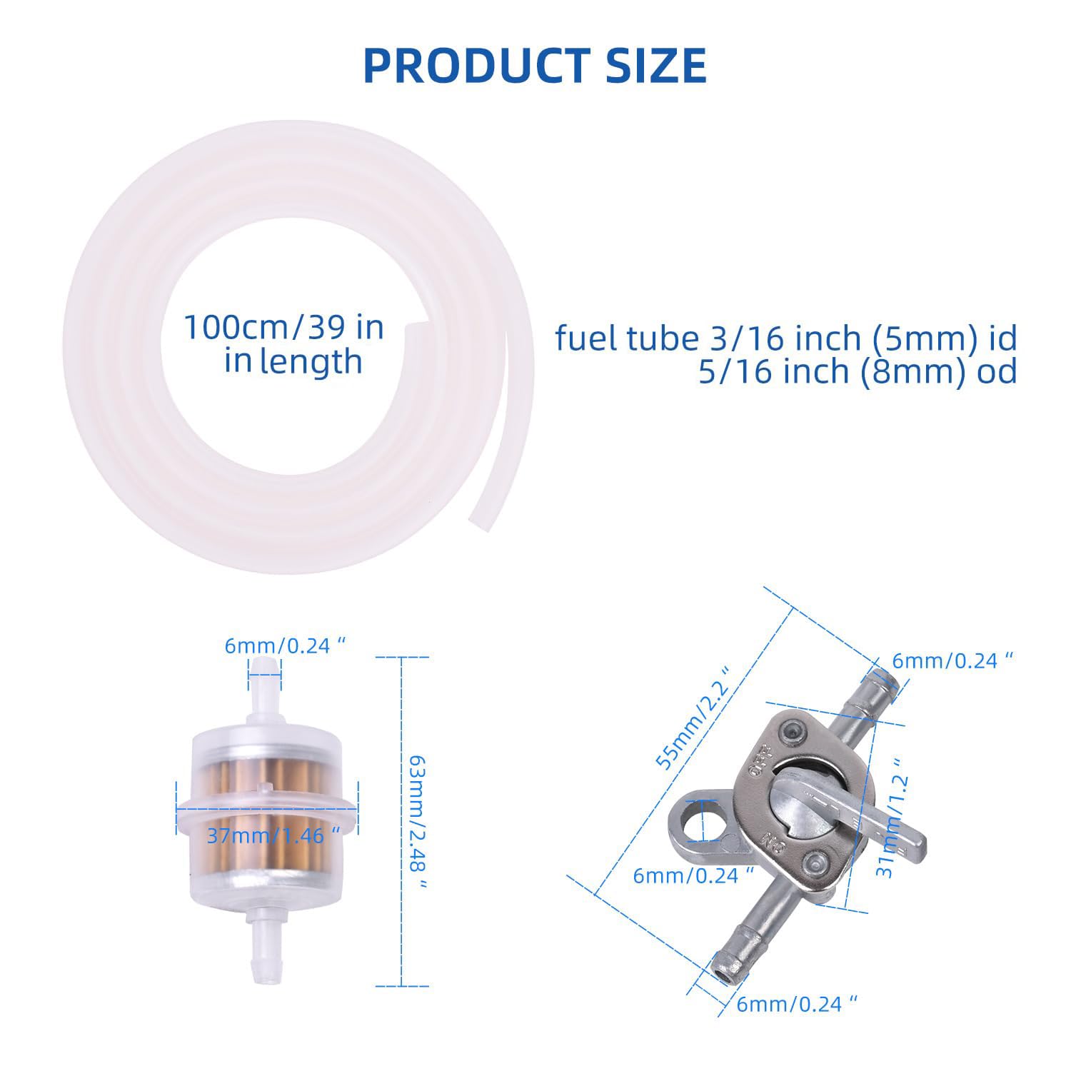 1/4" Fuel Line Kit With Inline Shut Off Valve & Filter - For 50cc To 250cc ATV, Dirt Bike, Go Kart, Scooter