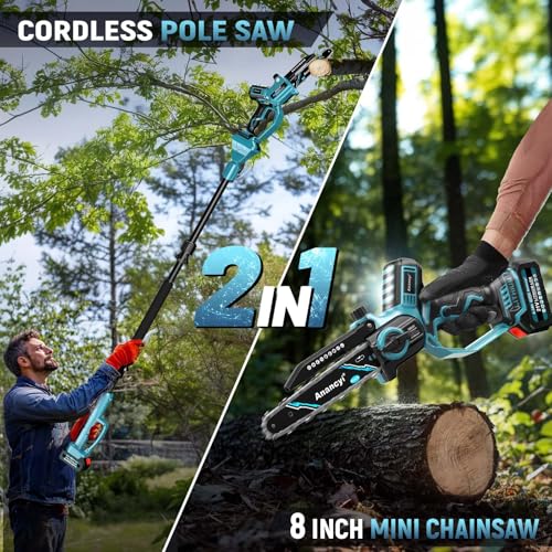 2-in-1 8 inch borstelloze mini-kettingzaag met 2x 4,0Ah-accu's, telescopische takkenzaag met 180° gebogen kop, verstelbare stok tot 4,6 m - Afbeelding 6