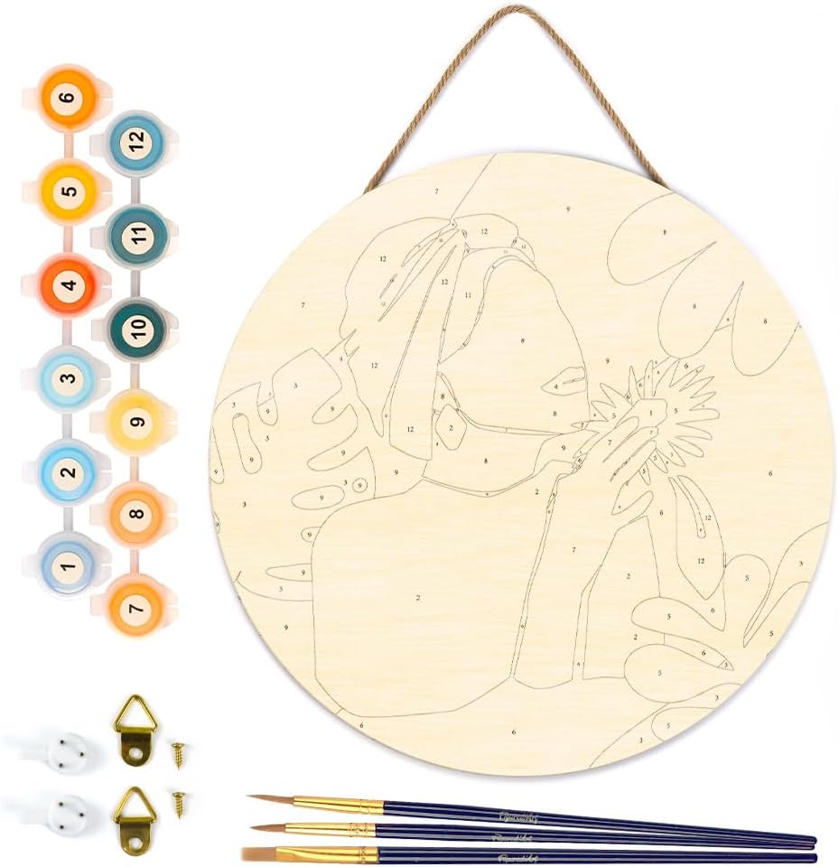 Figured'Art Paint by Numbers Kit for Adults on Wood Slice, 11.8in Diameter - Abstract Woman in Green Turban - Craft Art Painting DIY Canvas