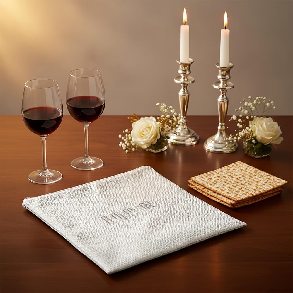 Passover Seder Accessory Afikoman Bag, Hebrew Text Embroidery, Zippered Pouch for Pesach Gift (White 1)