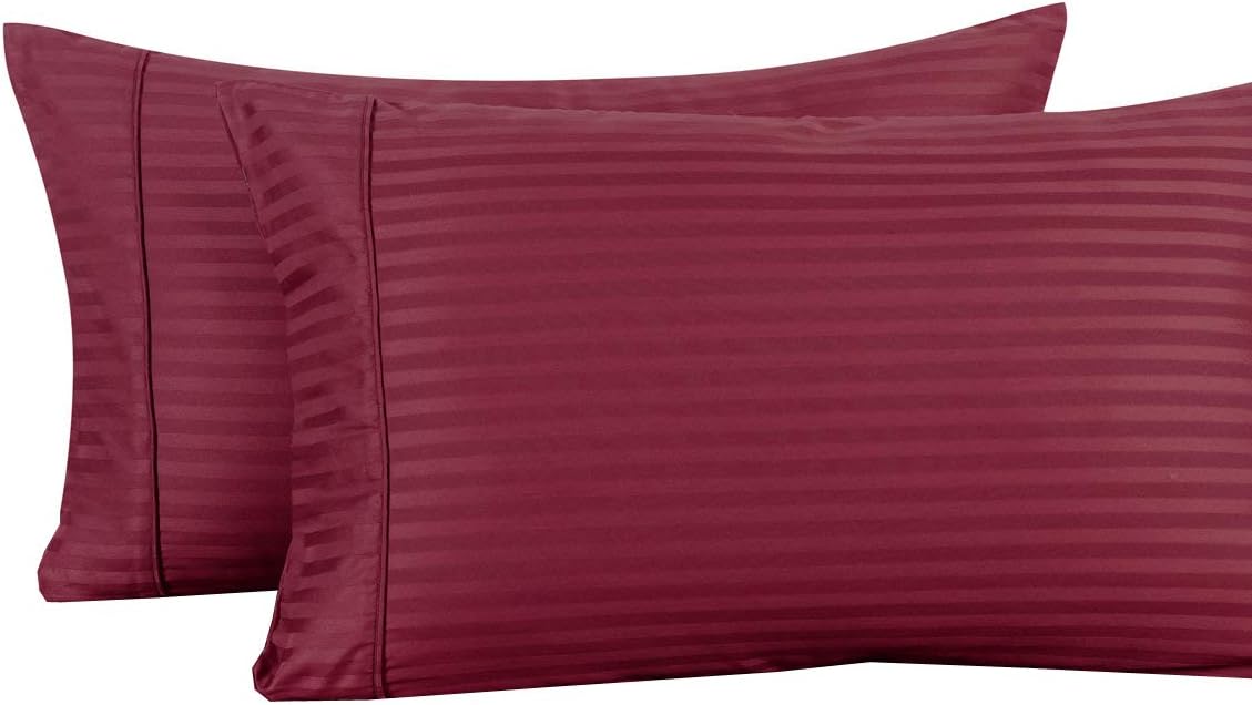 Damask Striped 600-Thread-Count, 100-Percent Cotton Standard/Queen Size, Set of 2 Pillow Cases, Burgundy
