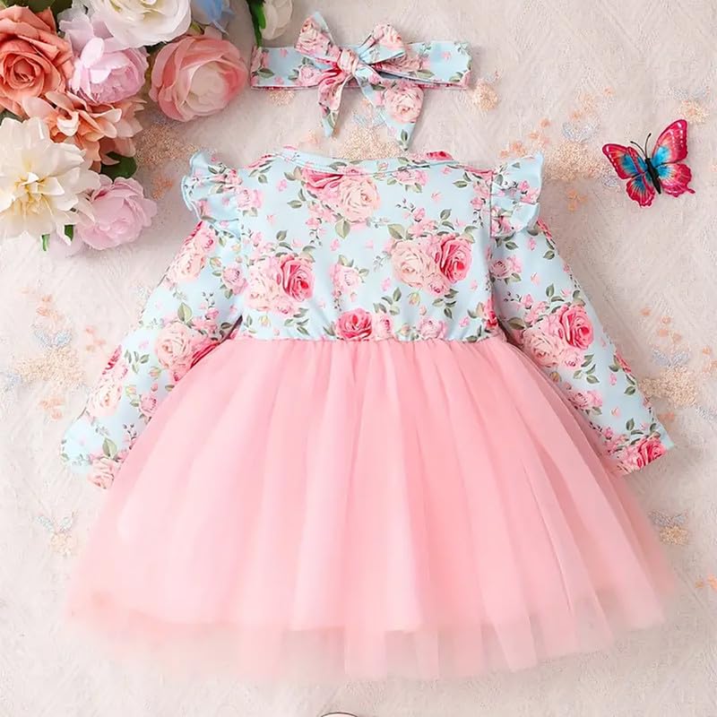Image of Niren Enterprise Long Sleeve Printed Flower Belted Round Neck Baby Girl Frock with Knee-Length and A-Line Style