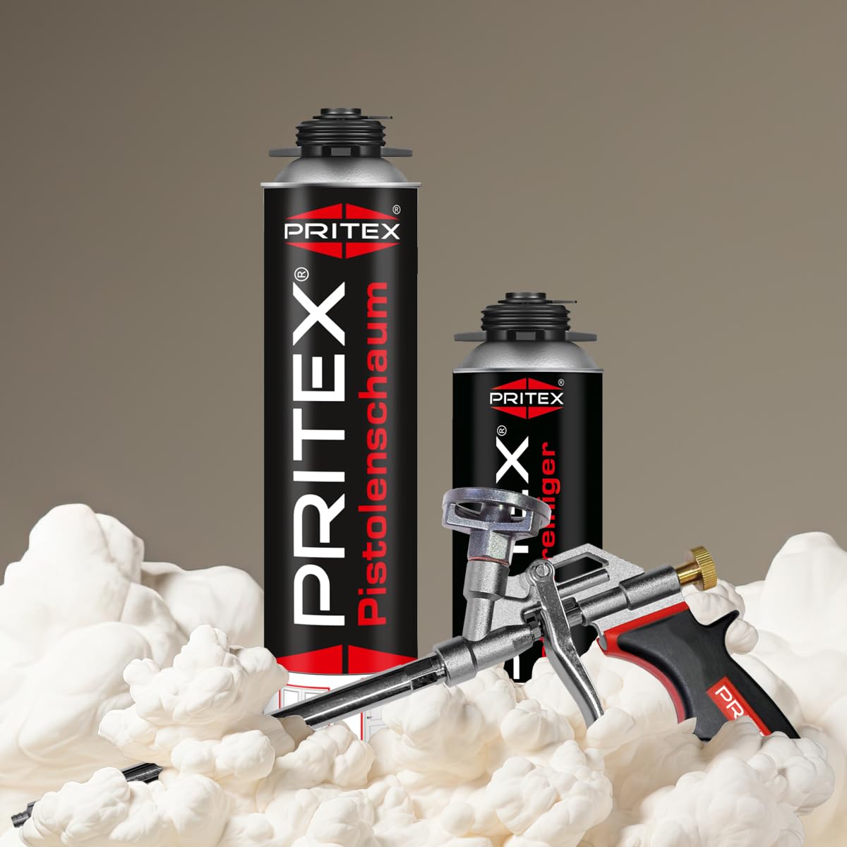 PRITEX – Bauschaum MEGA Set aus 12 x 750 ml Pistolenschaum Inkl. 2 x Pistolenreiniger 500 ml und Schaumpistole – Montageschaum zum Verfüllen, Dämmen & Abdichten