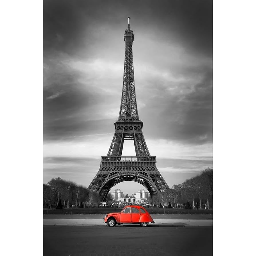 壁画　エッフェル塔とクラシックカーのアート Amazon.co.jp: Pitaara Box エッフェル塔と古い赤い車 パリ
