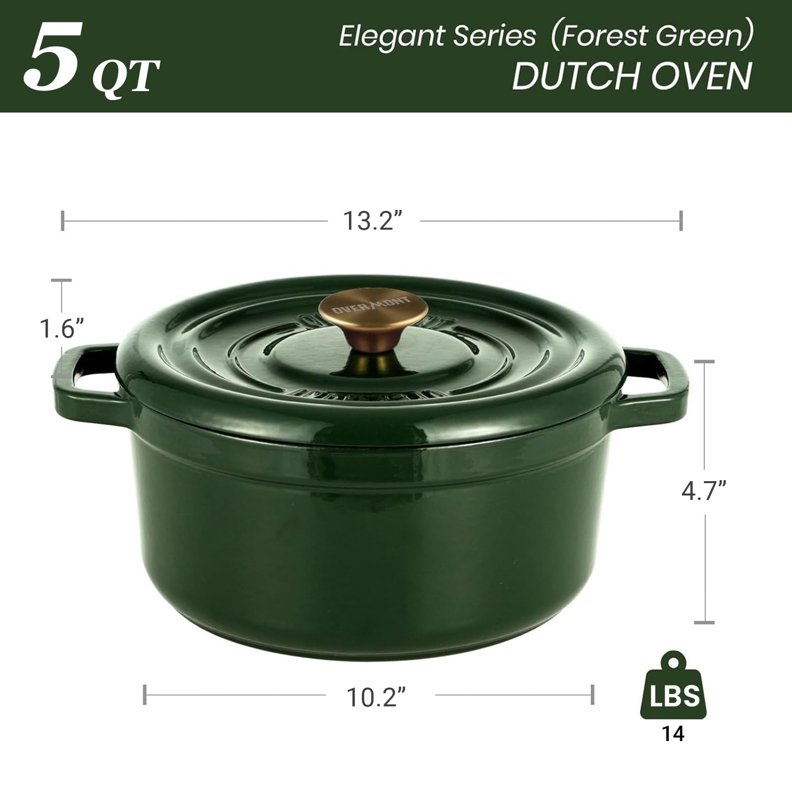 Overmont Forno olandese in ghisa smaltata – Pentola con coperchio, libro di cucina e presine in cotone, resistente per brasare, stufare, arrostire, cuocere il pane