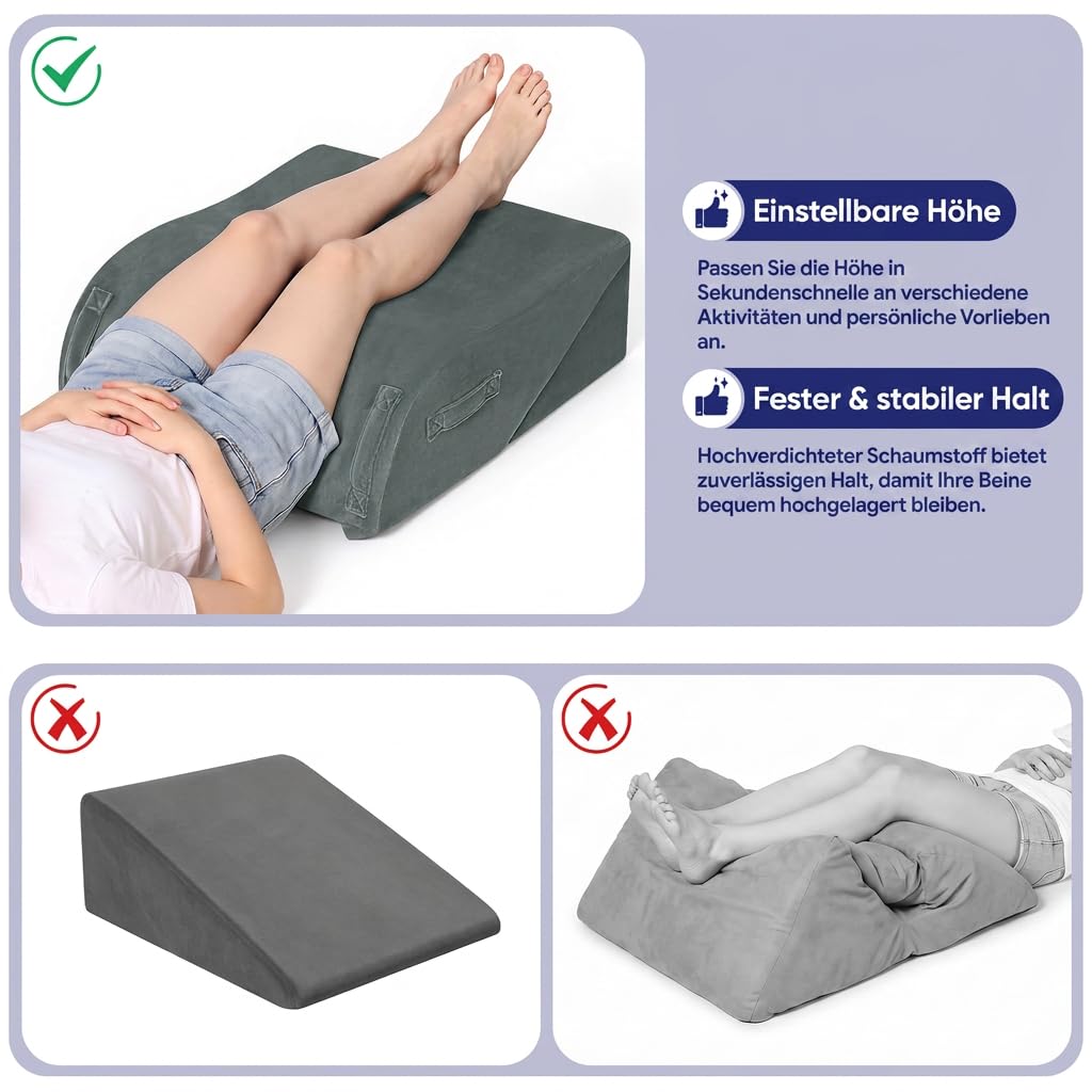 2-in-1 Venenkissen, Ergonomisches Beinkissen zum Hochlagern Grau | Schaumstoff Kniekissen bei Schwellungen Sowie nach Hüft- und Knöchel Operationen – mit Waschbarem Bezug und Tragegriffen