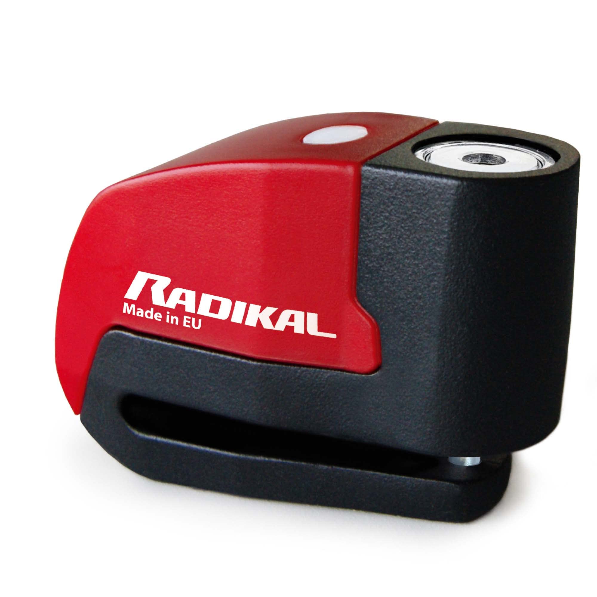 RADIKAL RK6 Candado Moto Disco Alarma 120db, Boton ON, Warning Avisador, Módulo Remplazable Impermeable, Pila CR2 Larga Duración, Antirrobo Pinza Freno Universal para Motos Scooter Bicicleta Patinete