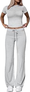 Two Piece Lounge Sets for Women Wide Leg Pants Short Sleeve Crop Tops Y2...