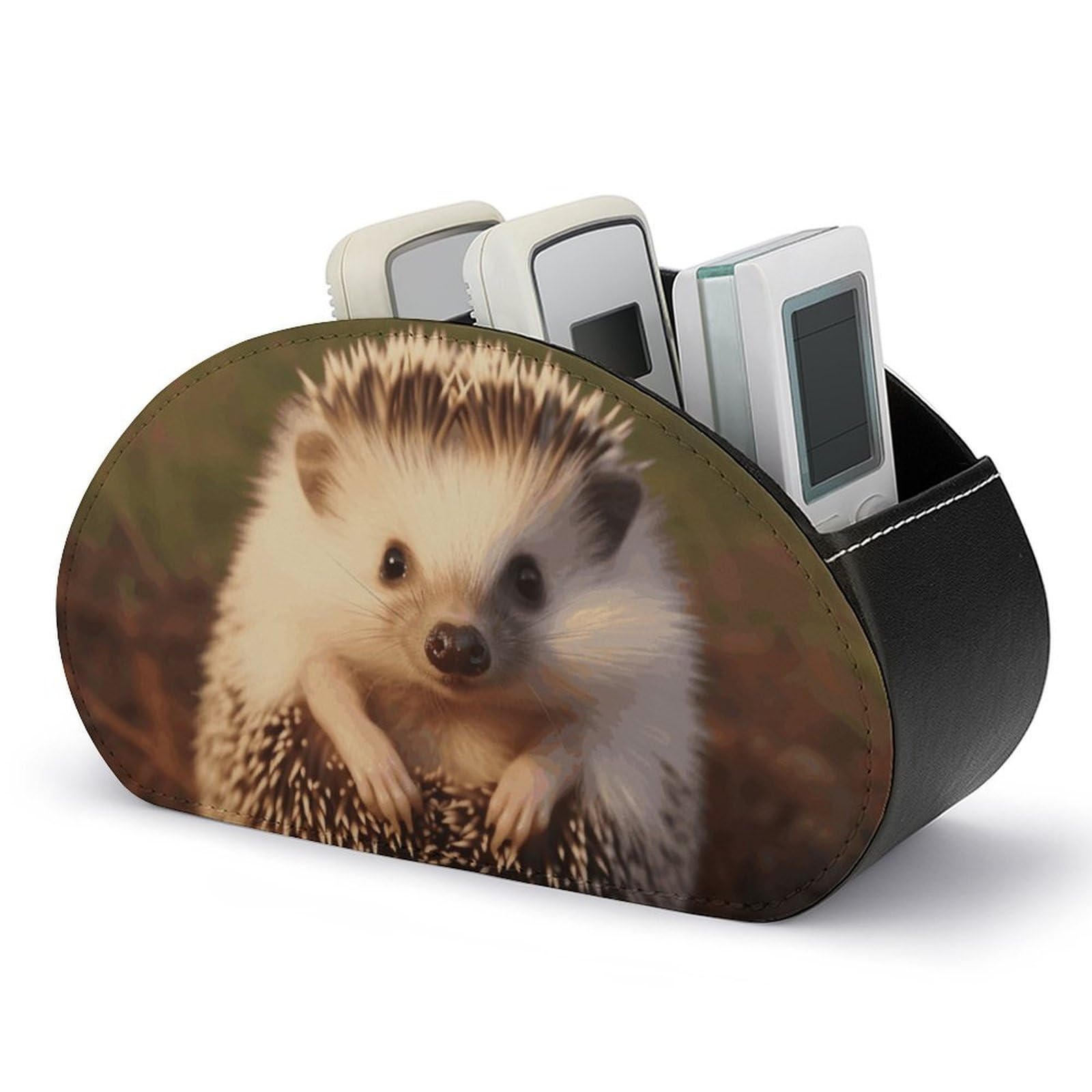 VstaDank Hedgehog Remote Control Holder with 5 Compartments PU Leather Remote Caddy Desktop Organizer Store TV Remote Control Storage Box for Home Office Desk Nightstand