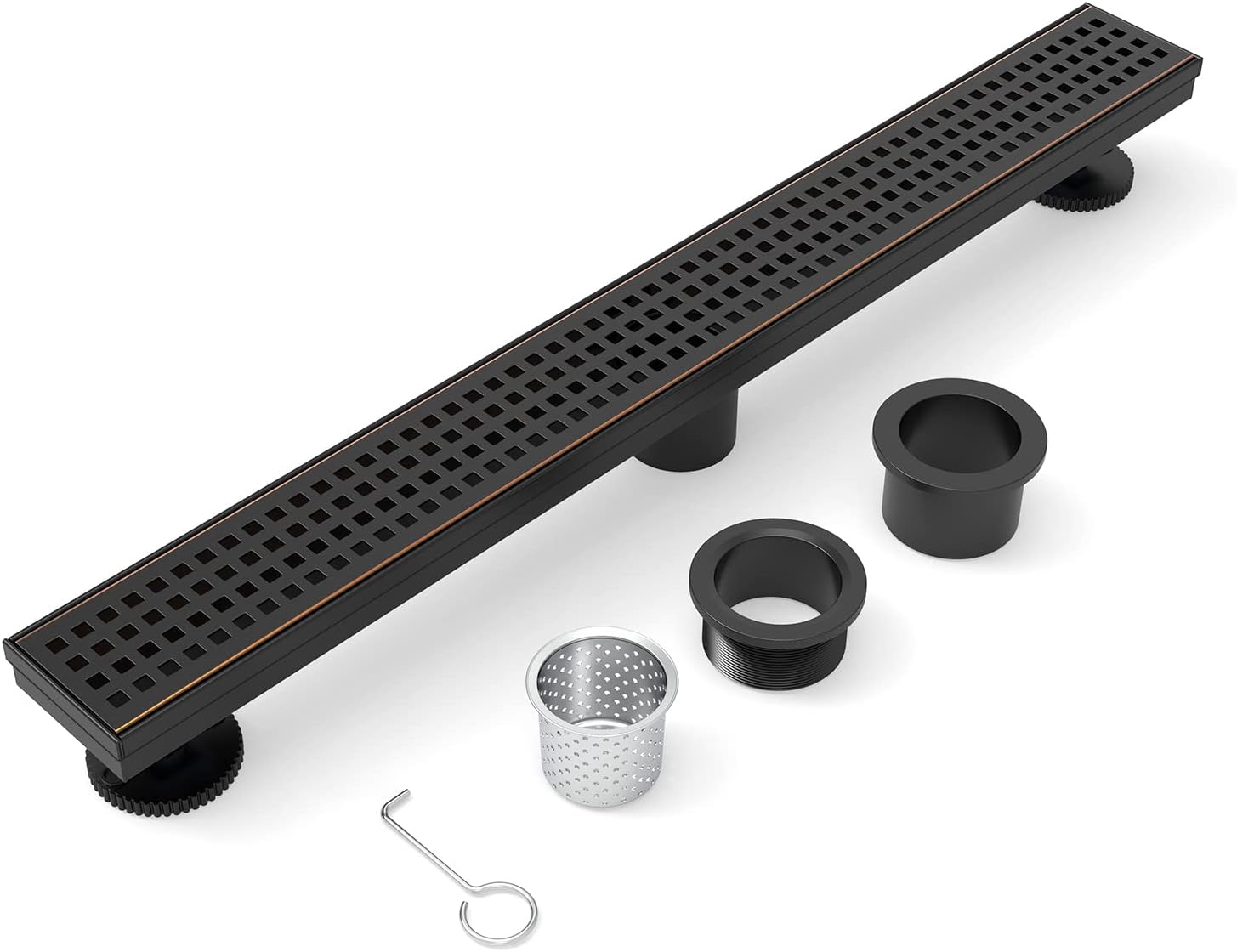 WEBANG 24 Inch Shower Linear Bronze Drain Rectangular Floor Drain with Accessories Square Hole Pattern Cover Grate Removable SUS304 Stainless Steel CUPC Certified Oil Rubbed Bronze