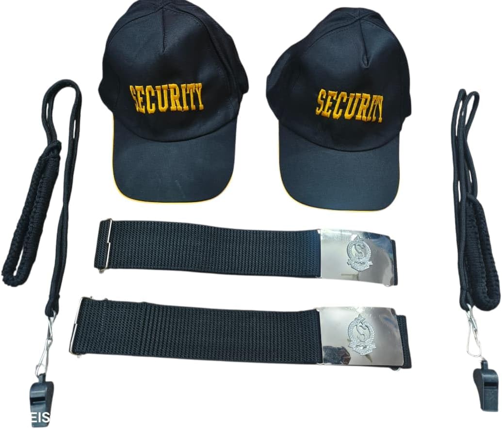 - Security Guard Accessories (2 Cap, 2 Belt, 2 Lanyrd With Whistle) Office Set (Black)