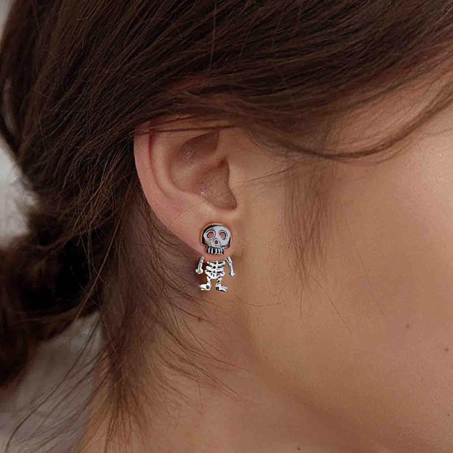 Vintage Silver Skeleton Skull Stud Earrings Skeleton Ear Jacket Earrings Skull Face Earring Gothic Halloween Earring Jewelry for Women