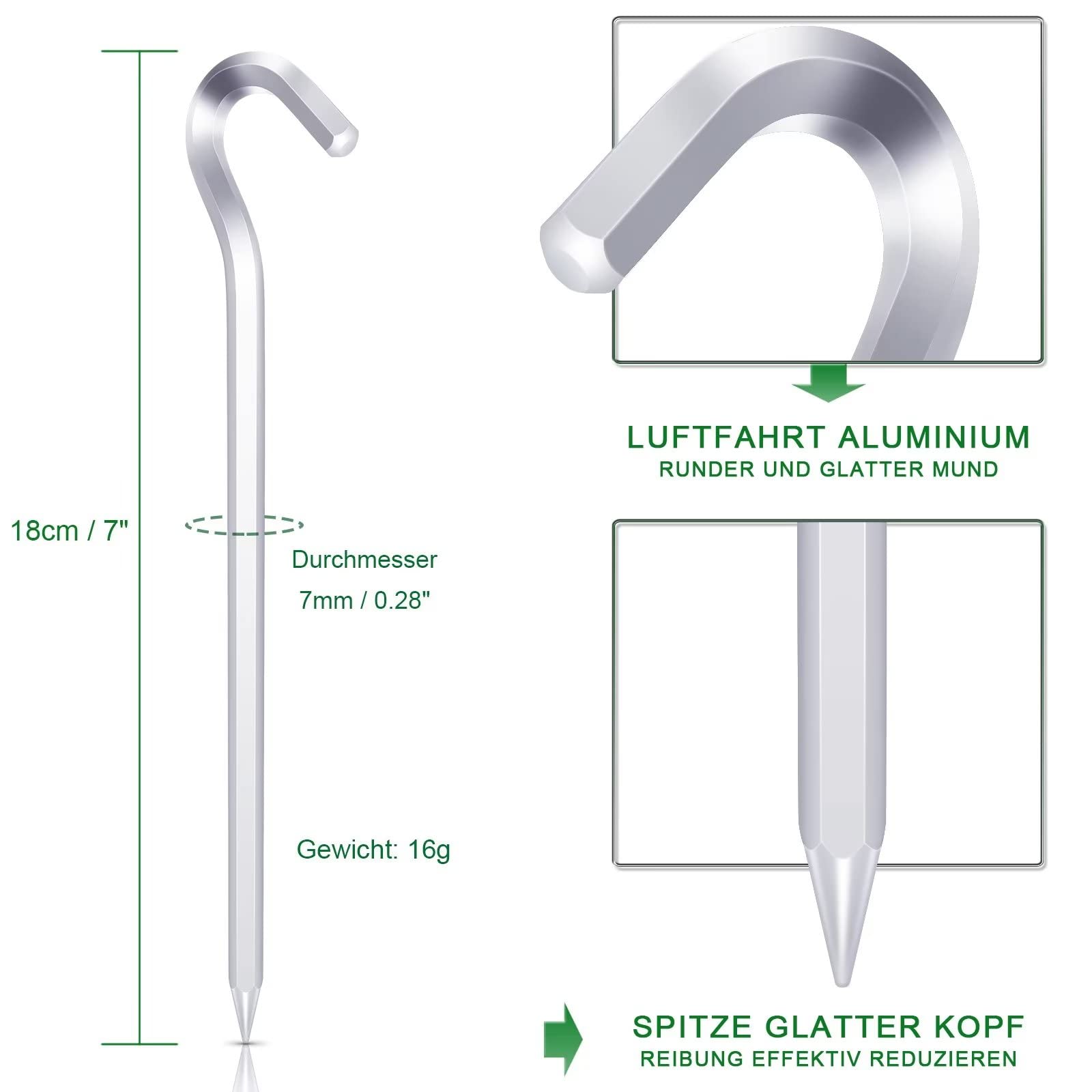 12 Sztuk Kołków do Namiotu, Kołki z Aluminium Lotniczego 18 cm/7 "Kołki do Podłoża, Kołki do Markiz, Kołki do Namiotu Stabilne, Akcesoria do Namiotów, Kołki do Biwakowania, Ogrodnictwa itp. (12 Sztuk, Srebro)