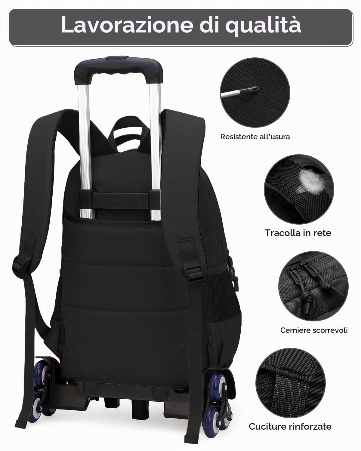 Tanou Zaino Trolley Scuola Elementare e Media, Zaini per Bambini Ragazzi con Carrello e Maniglia Telescopica, Zaino Scuola Trolley a 6 Ruote Staccabile, 25L