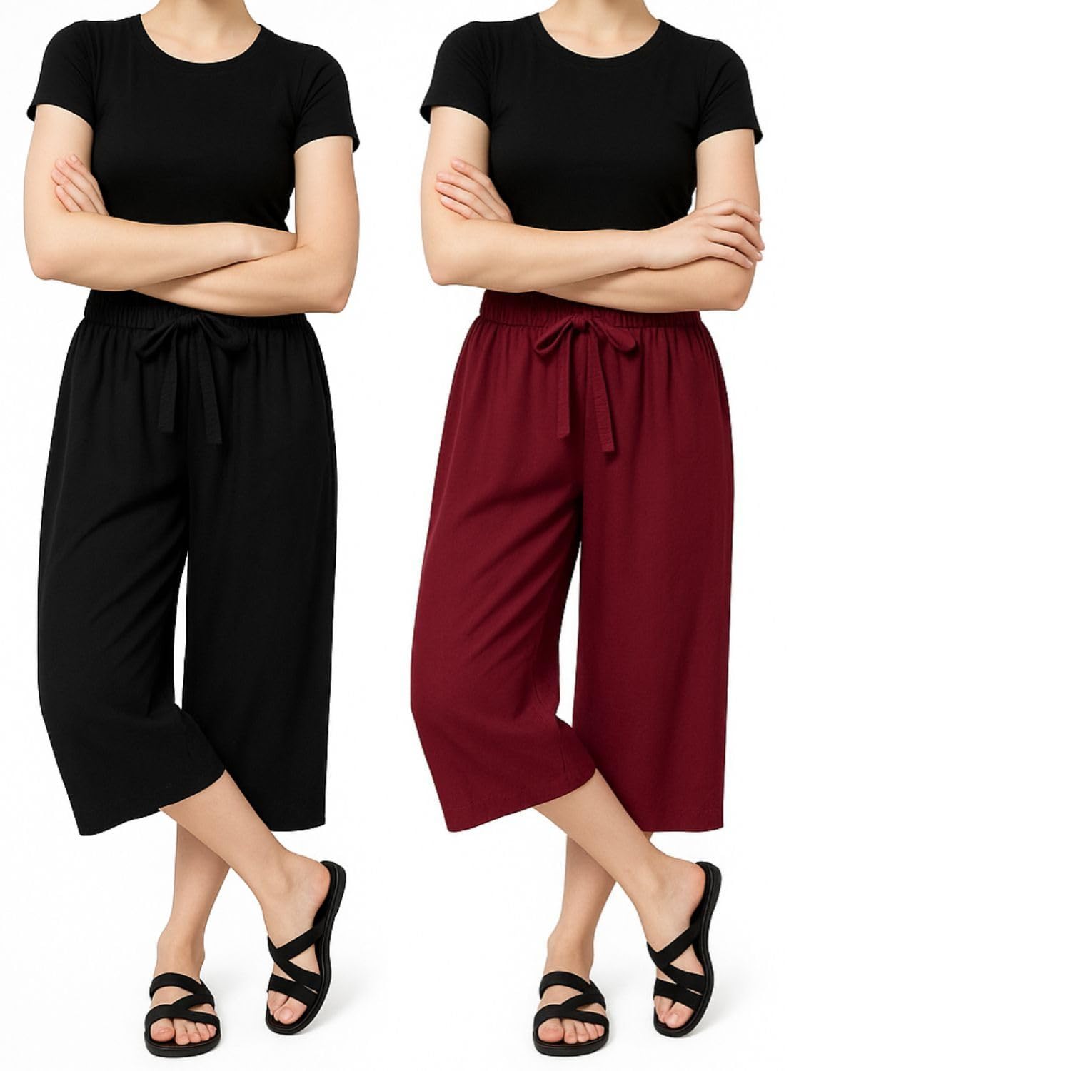 Women's Mid Waisted Capri Pants Casual Wide Leg Yoga Pants Loose Soft Pyjama Pant For Girls (Pack Of 2)-picture-27