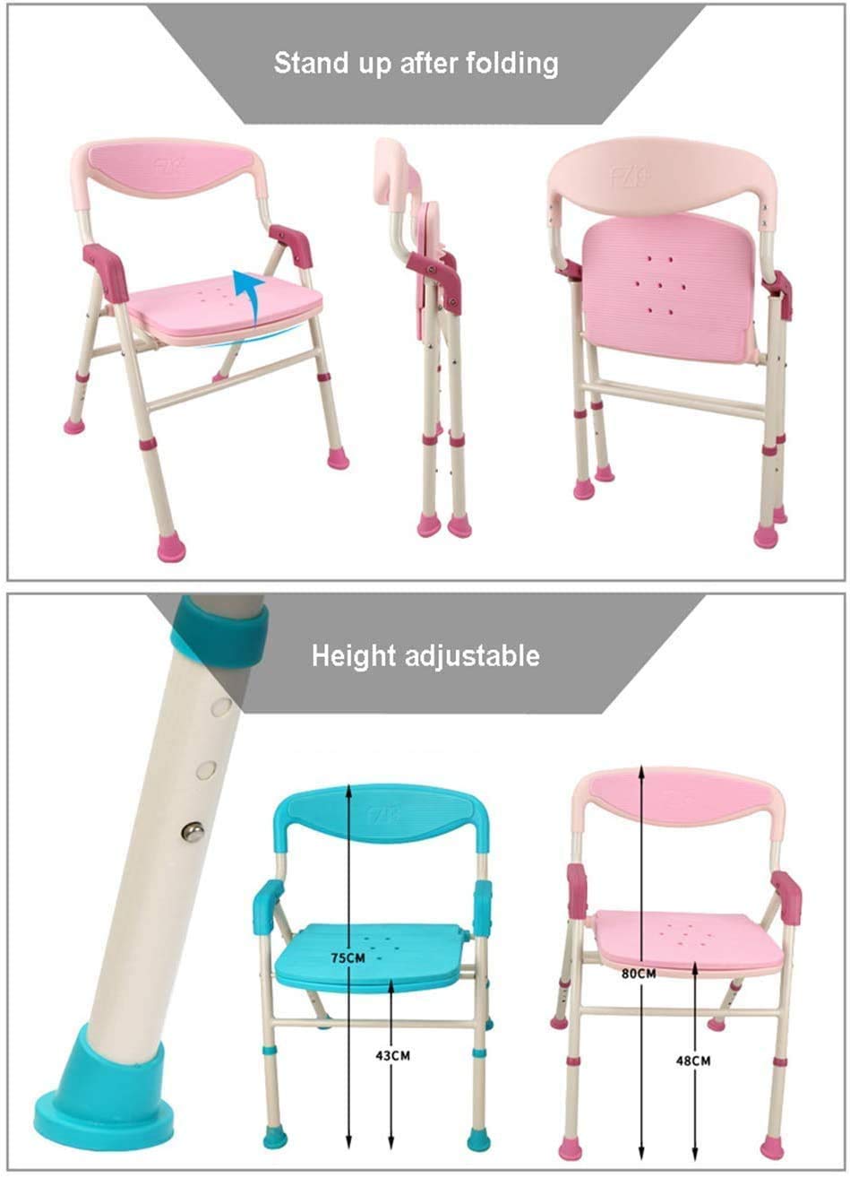 Home Essentials, Taburete de Ducha Plegable Ajustable en Altura, Baño Asiento de Ducha para Personas Mayores con Apoyabrazos Respaldo Asiento Transpirable de Goma Antideslizante,Rosa