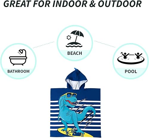 Vista 5 de NovForth Toalla de playa para niños y niñas, toalla de baño con capucha, toalla de piscina para niños pequeños con capucha Dinosaurio