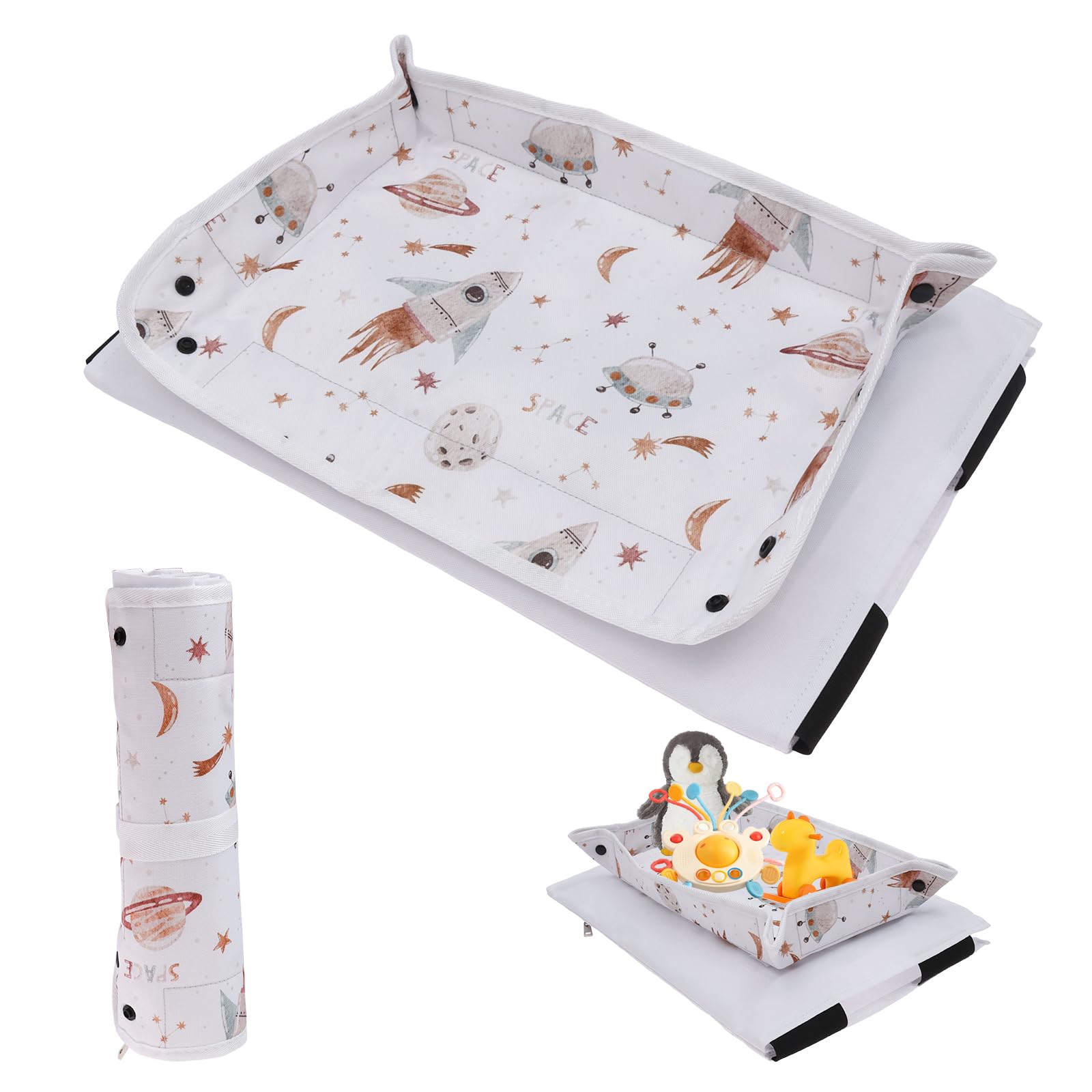 Airplane Tray Table Cover, Foldable Travel Tray Organizer with Clear Touchscreen Sleeve, 44x30cm Polyester Airplane Trays, Portable Plane Travel Essentials for Fits Train Bus High Chair(Rocket Style)