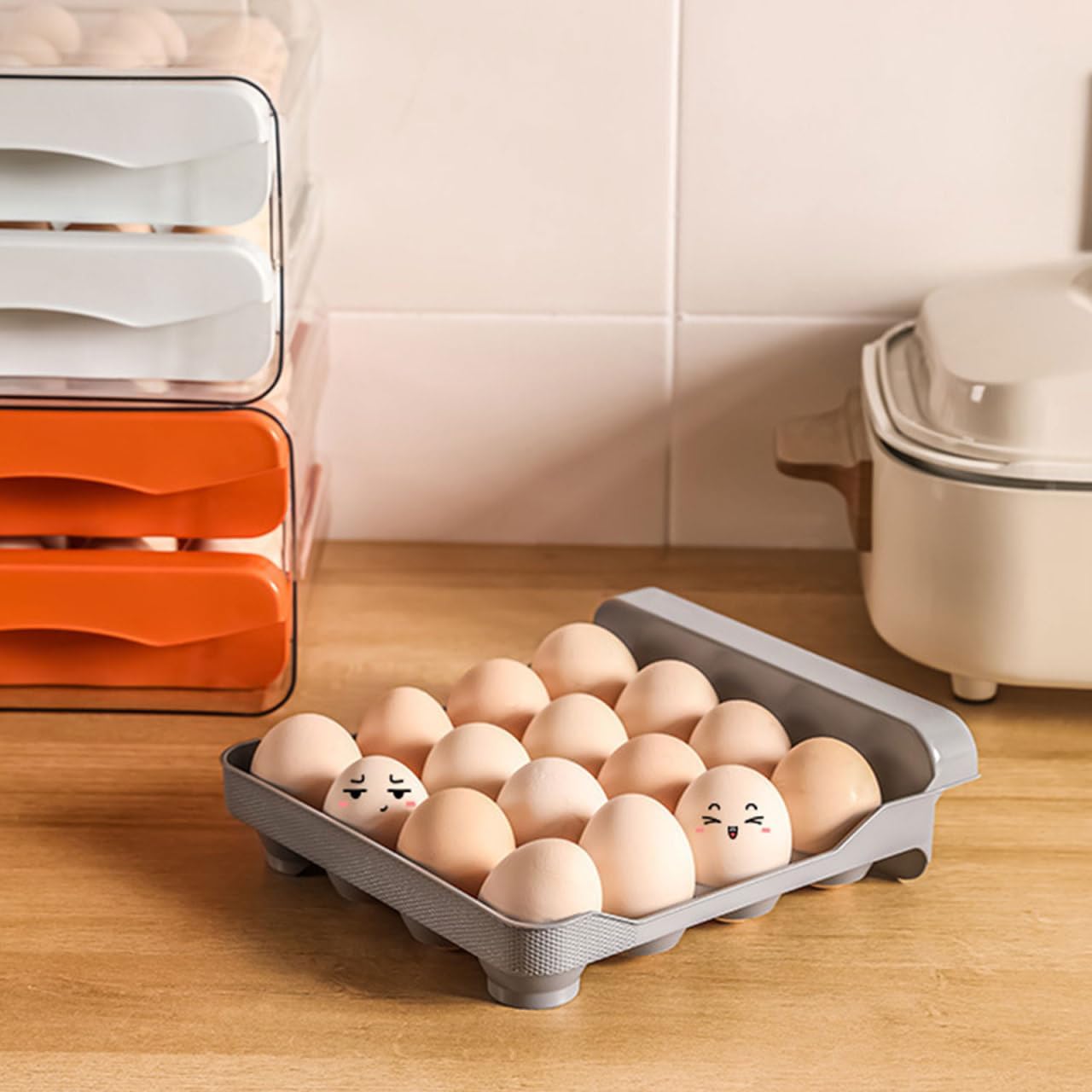 Tofficu Drawer Style Egg Organizer Double Layer 32-Cup Clear Plastic Storage Holder for Refrigerator Kitchen Supplies