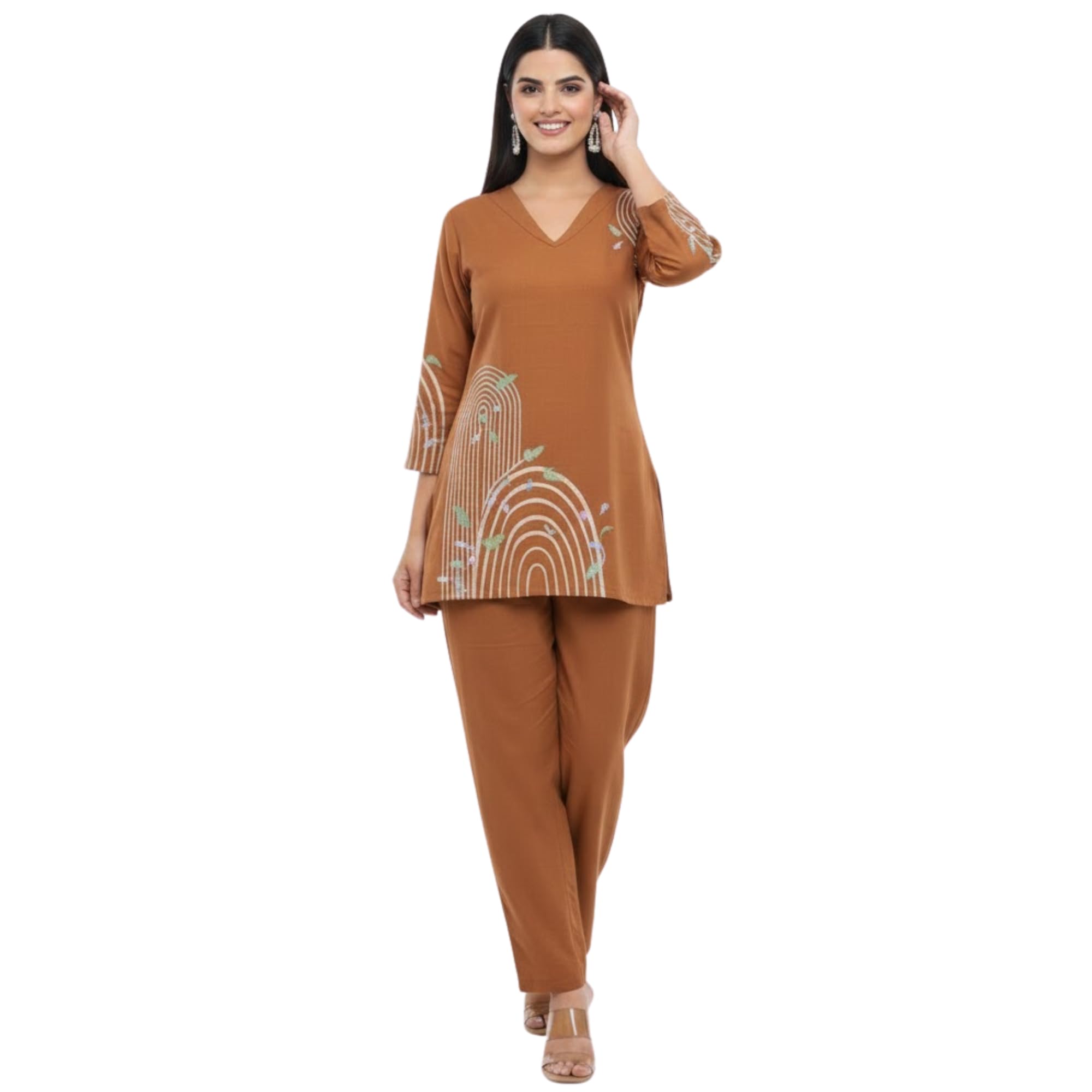 Women Embroidered Pure Cotton Co-Ord Set with V Neck Top and Trousers Stylish Ethnic Two Piece Outfit Casual Wear for Women-image-49
