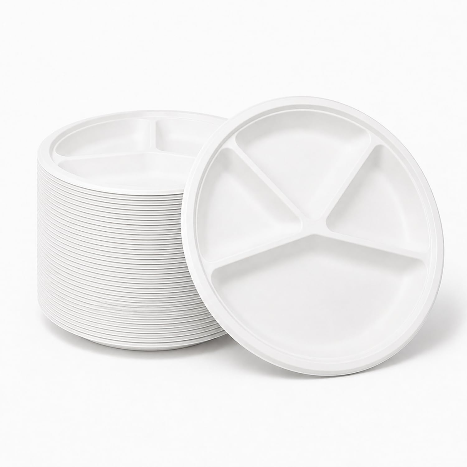 Bonkaso 4 Compartment Bagasse Round Meal Tray 11 Inch Pack of 50 | Disposable Sugarcane Plates | Eco-Friendly, Compostable & Plastic-Free | Heavy Duty, Microwave Safe Party, Catering & Meal Plates