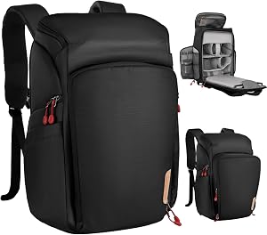 Sac à Dos K&F CONCEPT, Sacs à Caméra Étanches de Grande Capacité 25L | Sac à Caméra avec Compartiment pour Ordinateur Portable de 15,6" Compatible avec Canon/Nikon/Sony/DJI Drone Sac à Dos de Voyage, Noir-Rouge