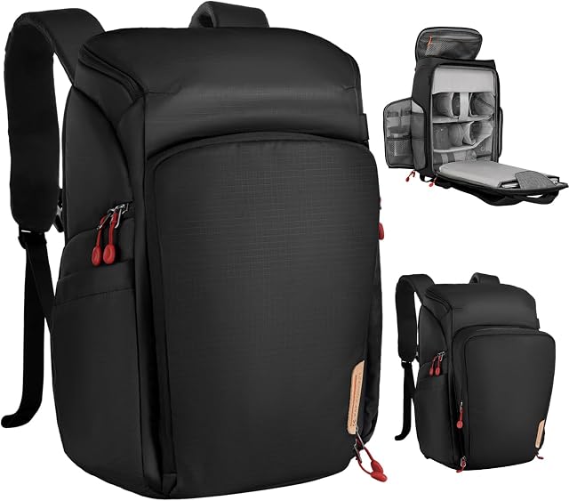 Sac à Dos K&F CONCEPT, Sacs à Caméra Étanches de Grande Capacité 25L | Sac à Caméra avec Compartiment pour Ordinateur Portable de 15,6" Compatible avec Canon/Nikon/Sony/DJI Drone Sac à Dos de Voyage, Noir-Rouge