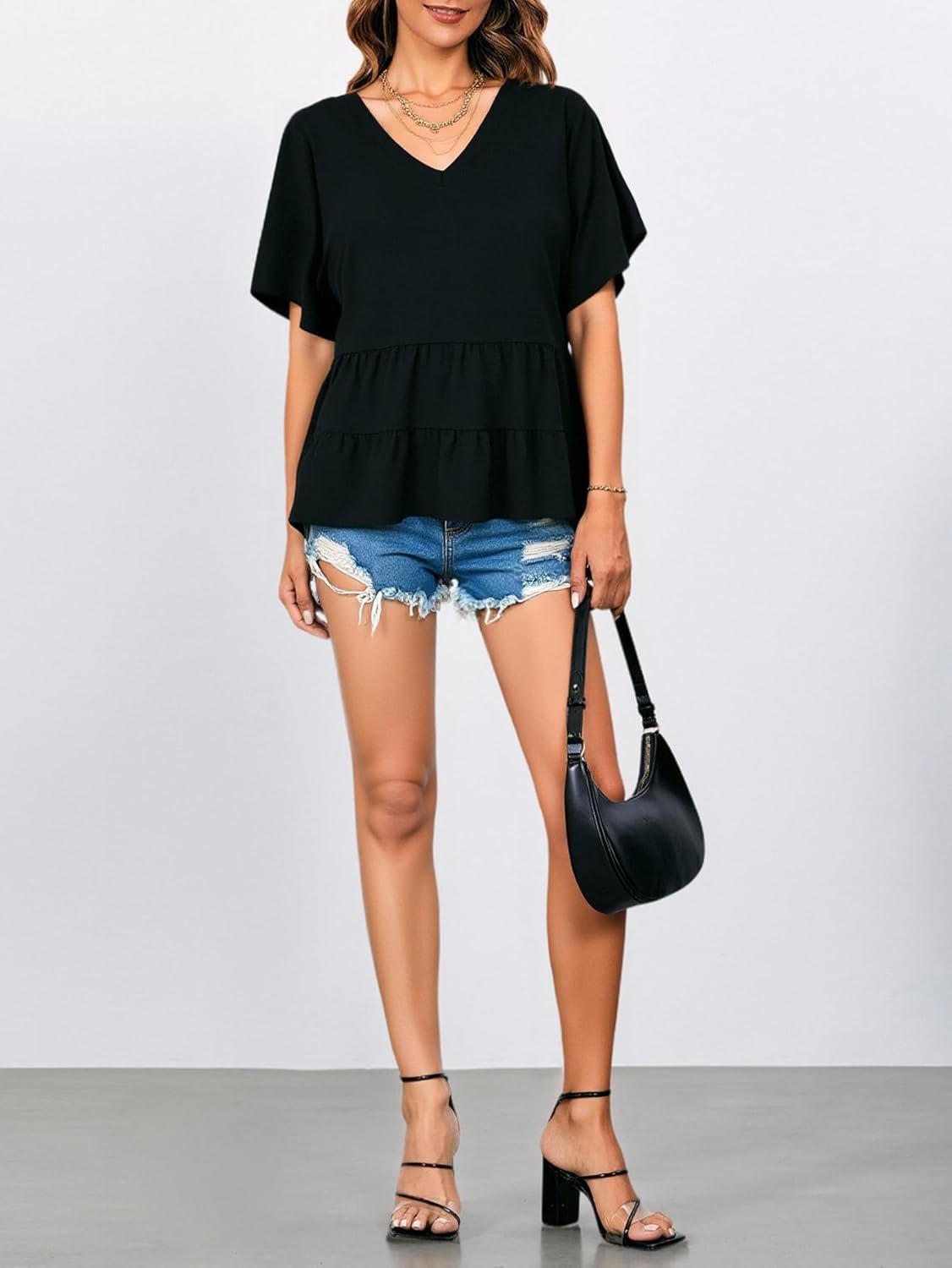 Women's Summer Peplum V Neck Blouse Dressy Casual Short Sleeve Flowy Vacation Tops - Image 5