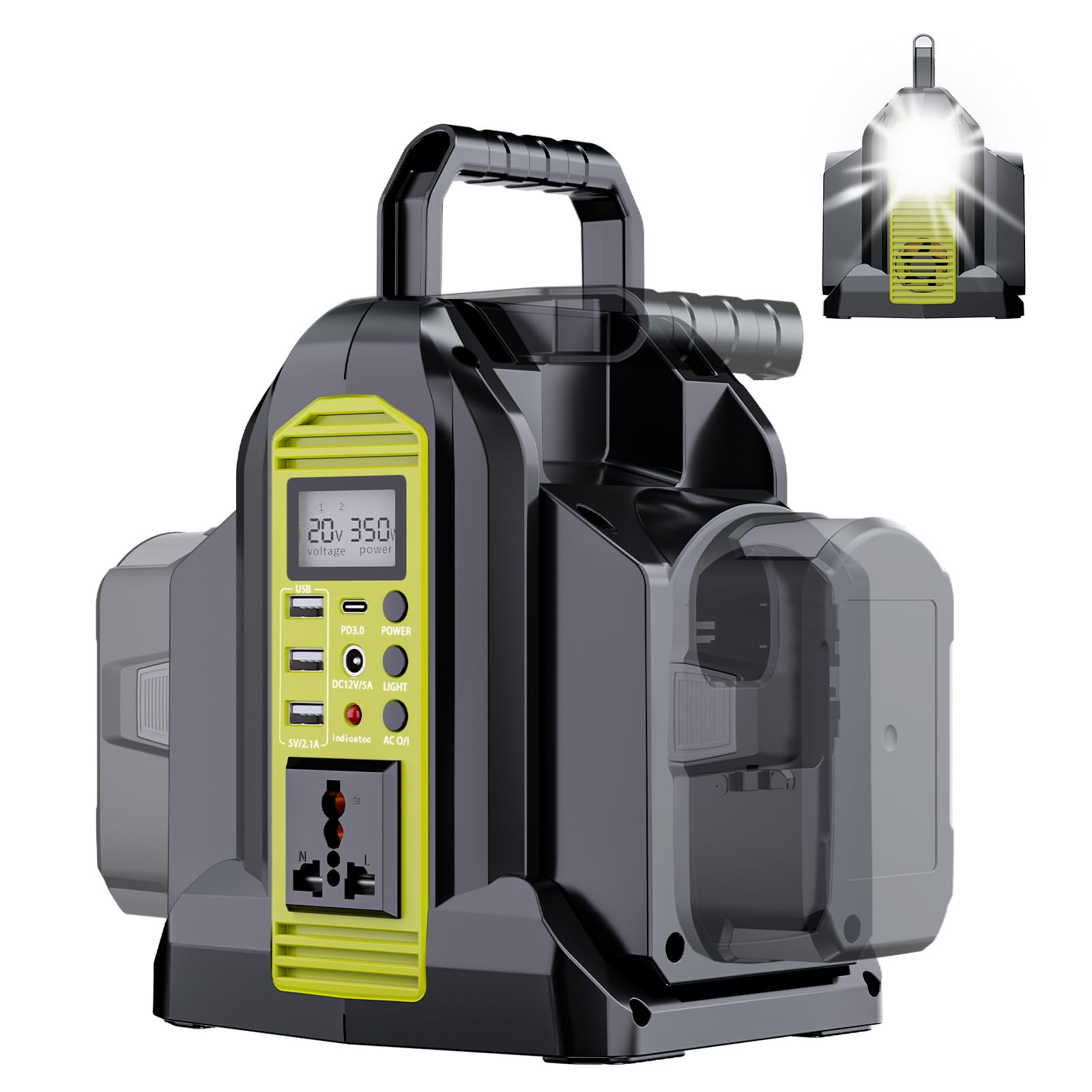 350W Power Inverter for Ryobi 18V ONE+ Battery, 2-Port 18V DC to 120V AC Inverter with LED Light, 3 USB-A, 1 USB-C, DC and AC Ports. Portable Battery