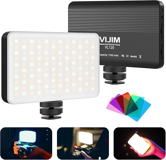 Camera Light, VIJIM VL120 Video Light Led with 3100 mAh Battery Rechargeable, 3200-6500K Bi-color Dimmable, Photography Lighitng with Color Filters for DSRL Cameras and Camcorders