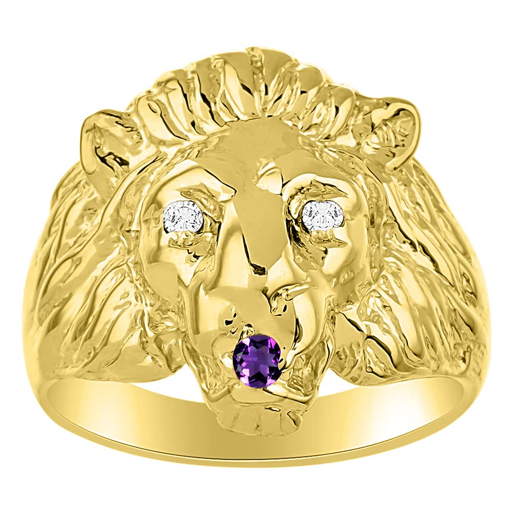 Rylos Lion Head Ring Color Stones Eyes &amp; Diamond Mouth – Fun Designer Rings in Sizes 8-13 in Yellow Gold Plated Silver