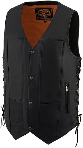 Miniatura 8 de Milwaukee Leather Chaleco clásico de cuero con cuello en V para motociclista para hombre, Mlm3541-negro