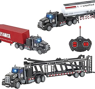 CALEST Remote Control Truck, 14" 1:48 mini Truck Toy, equipped with 2 Rechargeable Batteries, Semi-Trailers include Car Carriers, Tank Trucks and Container Trucks,Gifts Ideas for Boys Age 3-8 Year Old