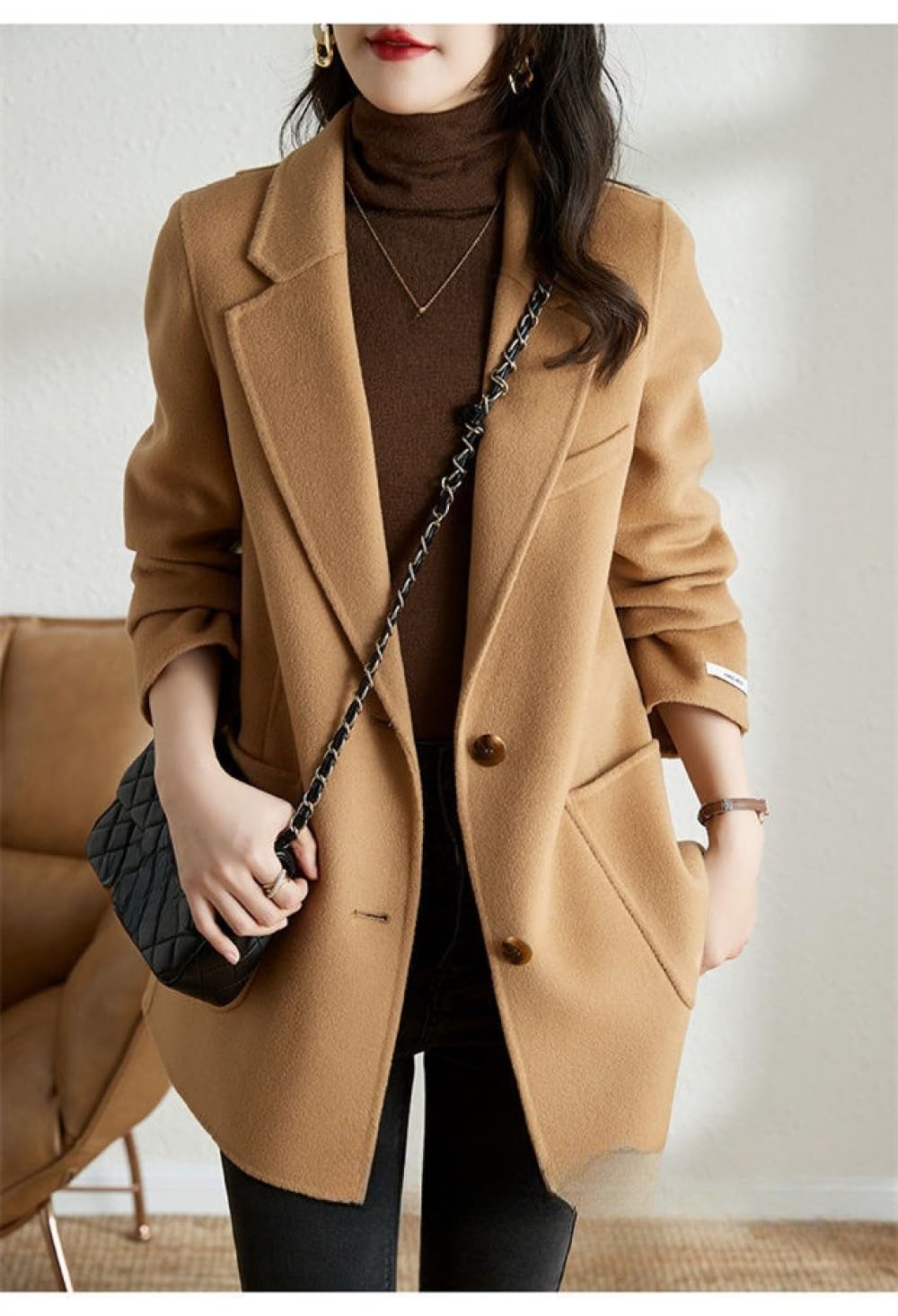 Damen Wollmäntel Für Den Winter,Lange Ärmel,Trenchcoat,Kamel,Gekerbtes Revers,Anzugjacke,Woll Oberbekleidung,Stilvolle Übergangsjacke Mit Knopfleiste Hinten Und Gürteltasche