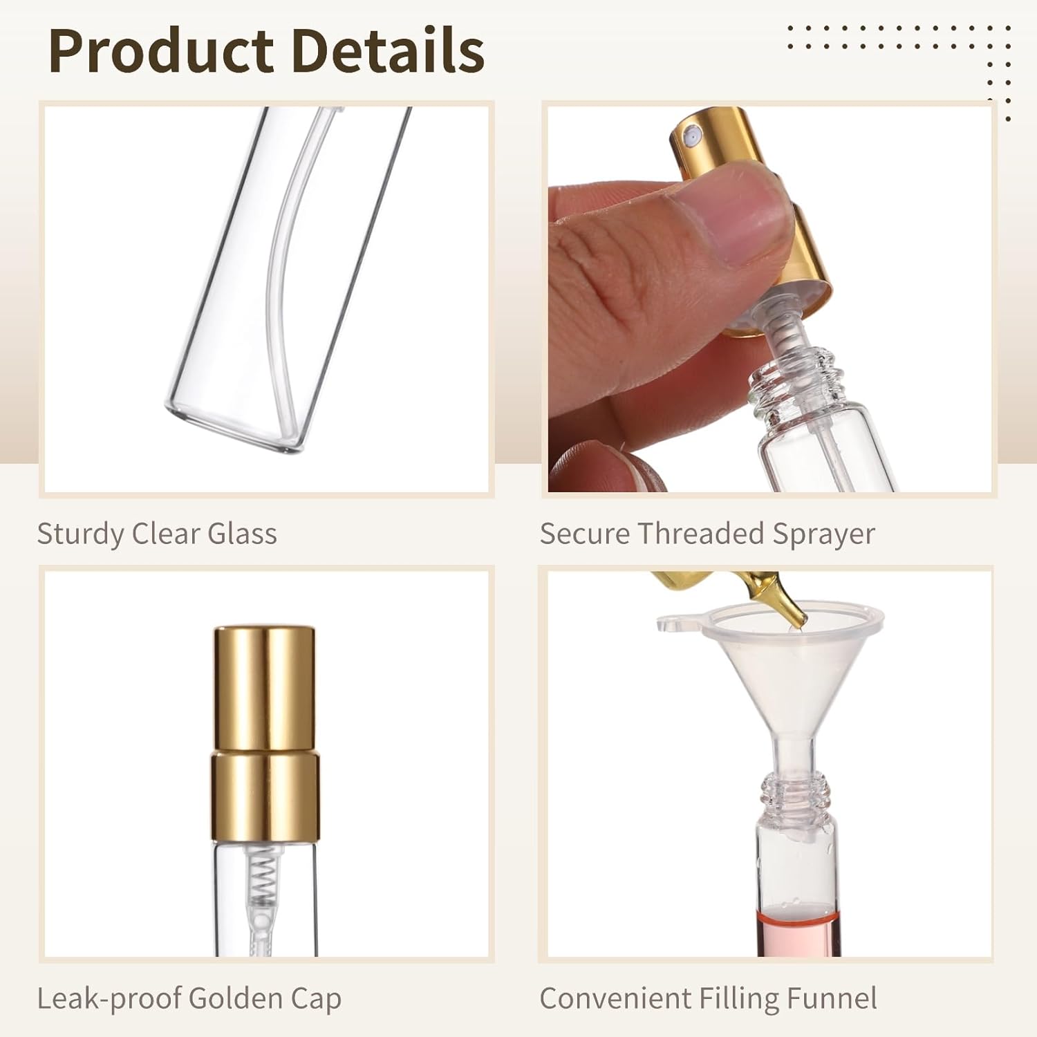 Lnrueg 100 Pcs 5 ml Mini Spray Bottles - 0.17 oz Refillable Glass Perfume Bottles, Portable Travel Sample Containers with Caps, Fine Mist Atomizers with 4 Funnels and 4 Dispensers, Gold