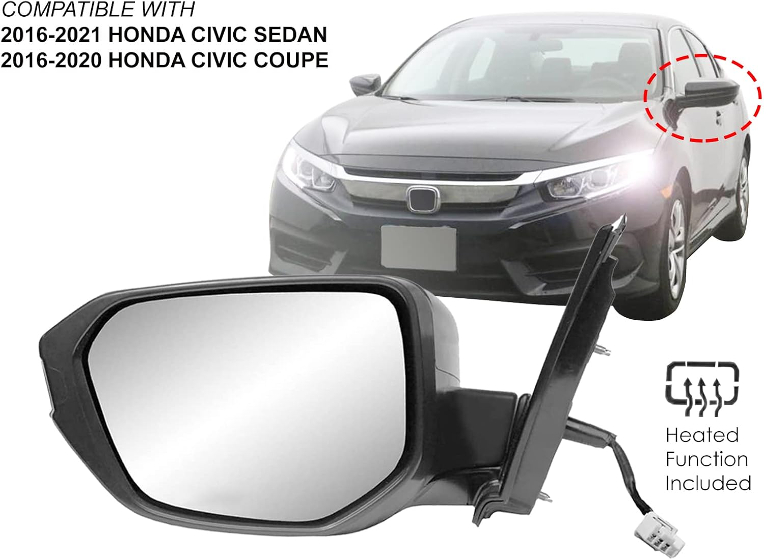 APA Replacement for Rear View Mirror Power Heated Smooth Cap 2016-2021 CIVIC Sedan Coupe Driver Left Side 76258TBAC02ZA HO1320284 HO1320297