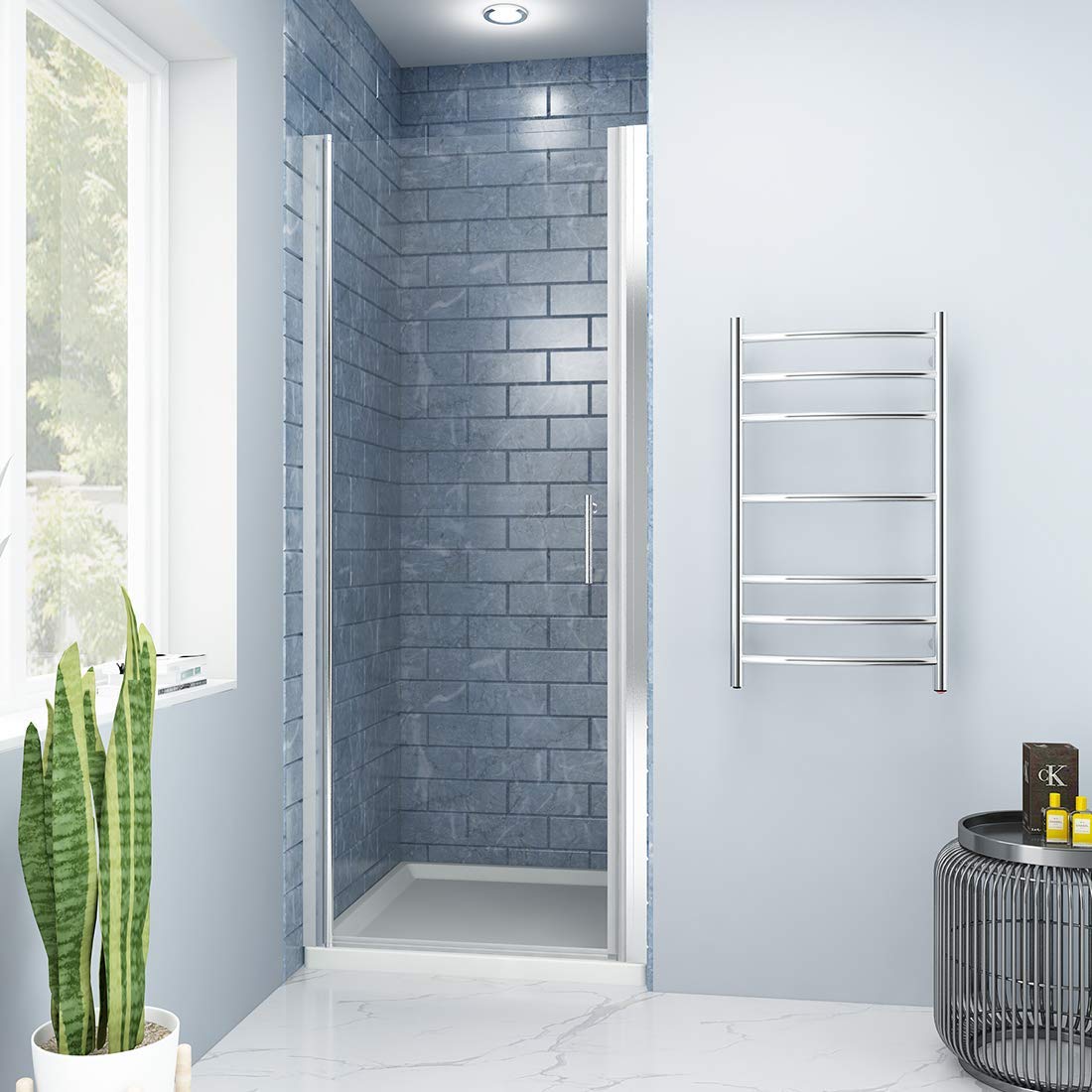 SUNNY SHOWER Pivot Shower Door Semi-Frameless Swing Bathroom Door with 1/4 in. Clear Glass, Chrome Finish, 32 in. W x 72 in. H
