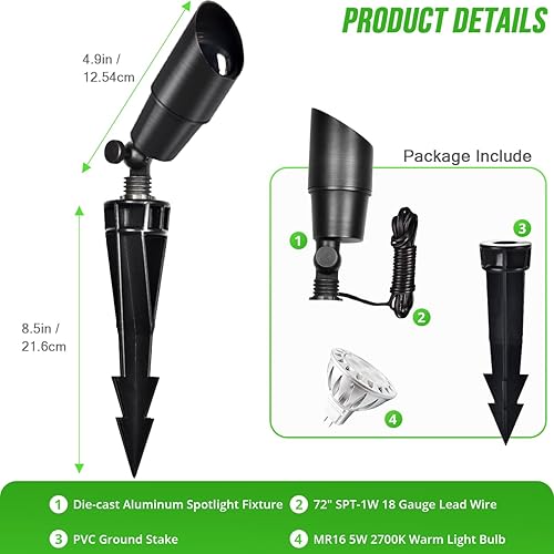 Miniatura 8 de wowlite Focos de aluminio negro mate para exteriores con 4 bombillas, 5 W, 2700 K, luz cálida de 12 V, bajo voltaje, iluminación de paisaje, IP65,