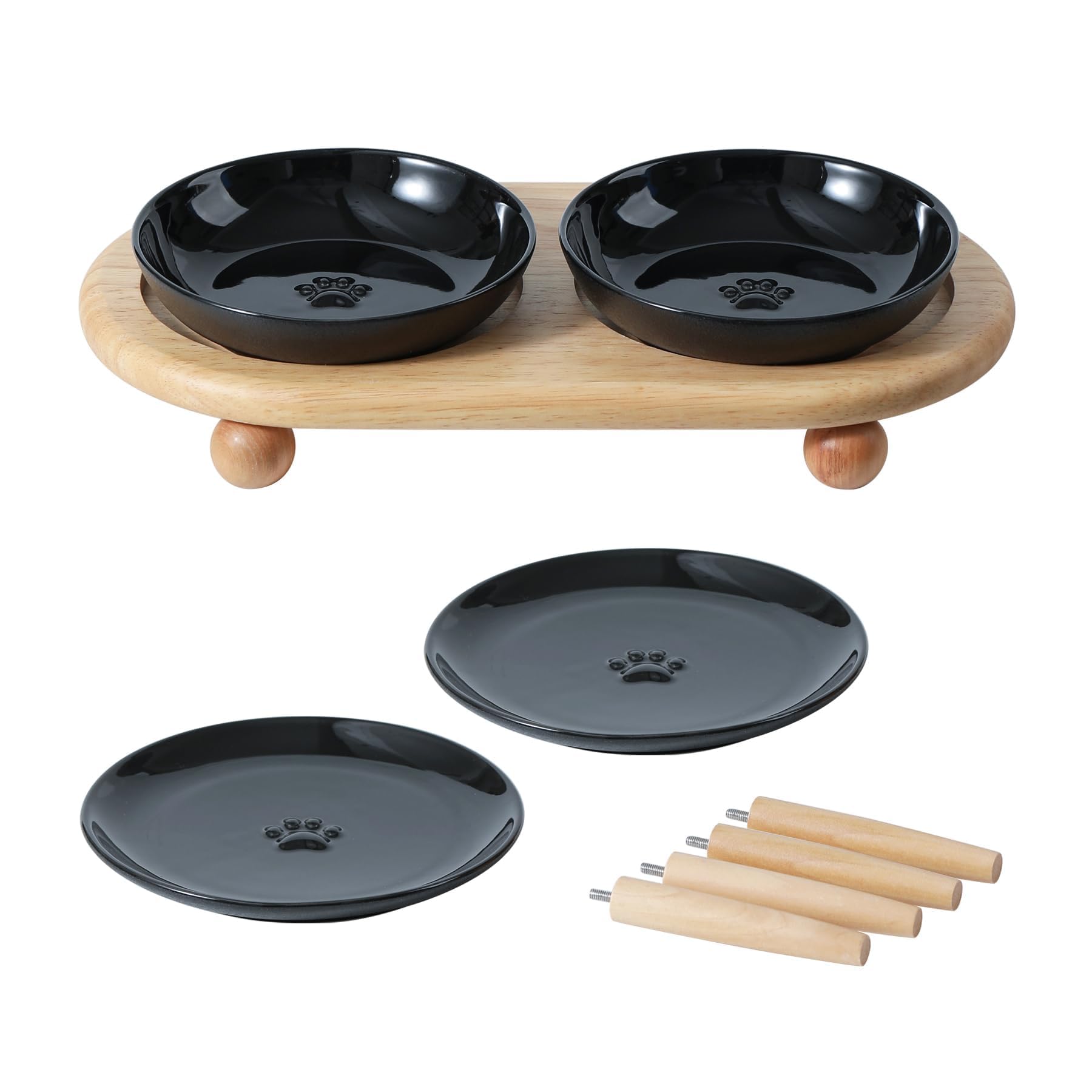 Havniva Raised Ceramics - Gamelle surélevée pour Chat - 2 gamelles pour Nourriture et Eau - avec 2 Supports réglables Anti-étouffement - Anti-Fatigue - Noir