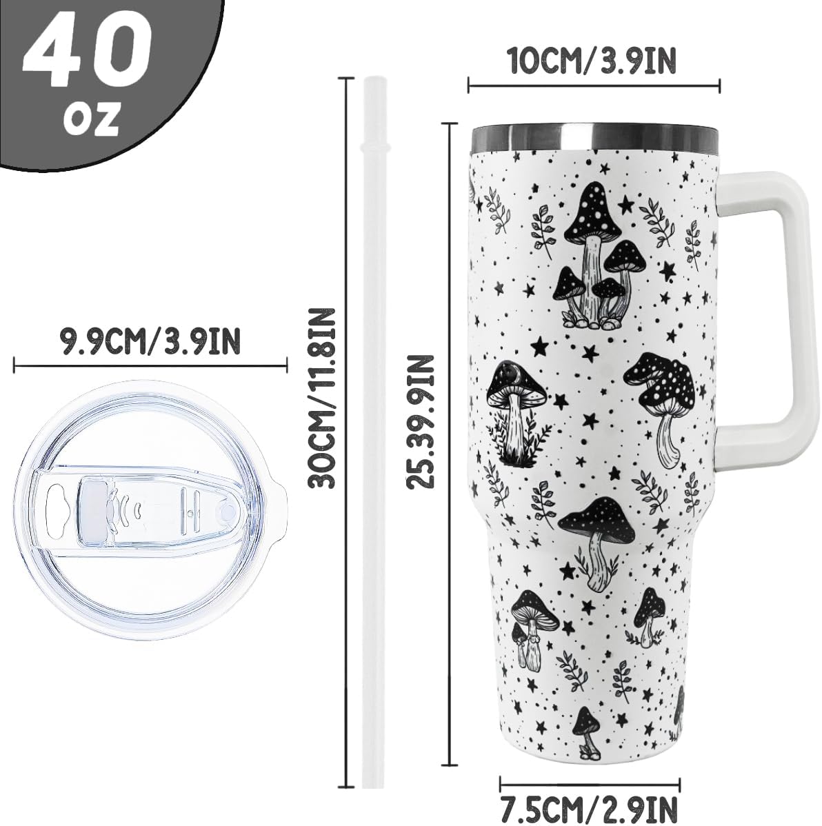 Mushroom Tumbler with Handle and Straw 40 oz Retro Goth Mushroom Cups Coffee Travel Mug Stainless Steel Insulated Water Bottle Gothic Mushrooms Stuff Decor Gifts for Women - Image 5