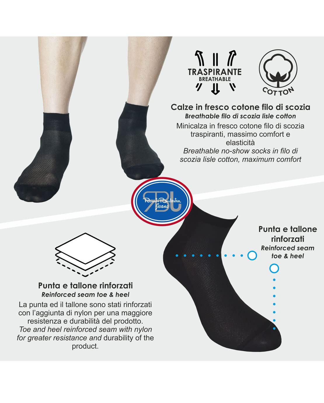 Renato Balestra linea Jeans - 6 Paia Calzini alla caviglia unisex per uomo e donna in cotone filo di scozia traspirante mod. Traspir