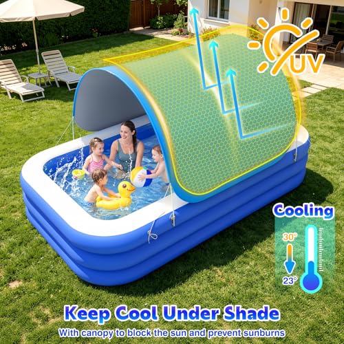 Image of MoKo Inflatable Swimming Pool with Canopy, Large Blow Up Pool with Shade for Adults Kids Kiddie Toddler, 102 inch x 65 inch x 23 inch Big Foldable Family Above Ground Pools for Backyard Garden, Blue /White