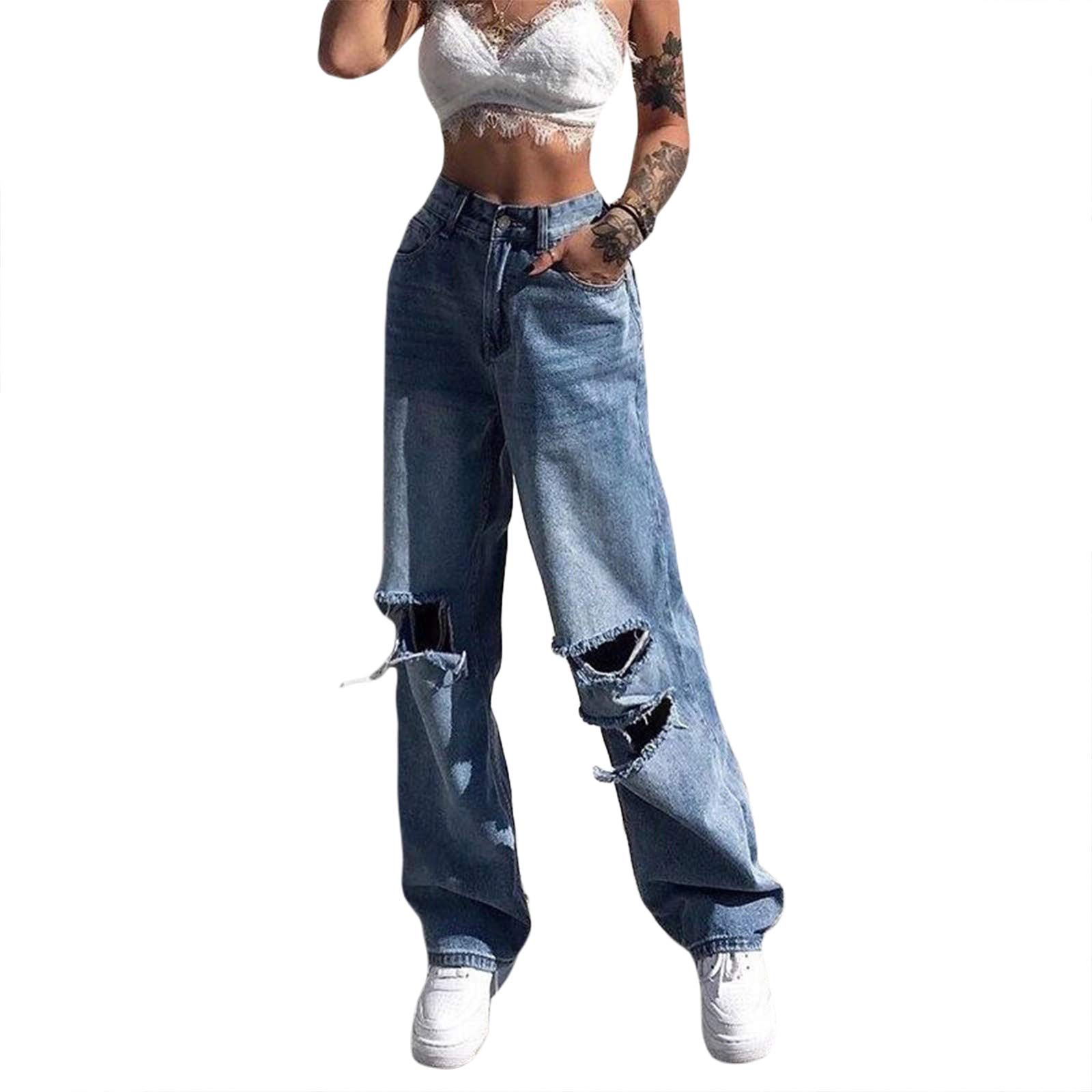 Jeans Mujer Rotos Vintage - Cintura Alta Pierna Ancha Estilo Y2K | Pantalones Denim Boyfriend