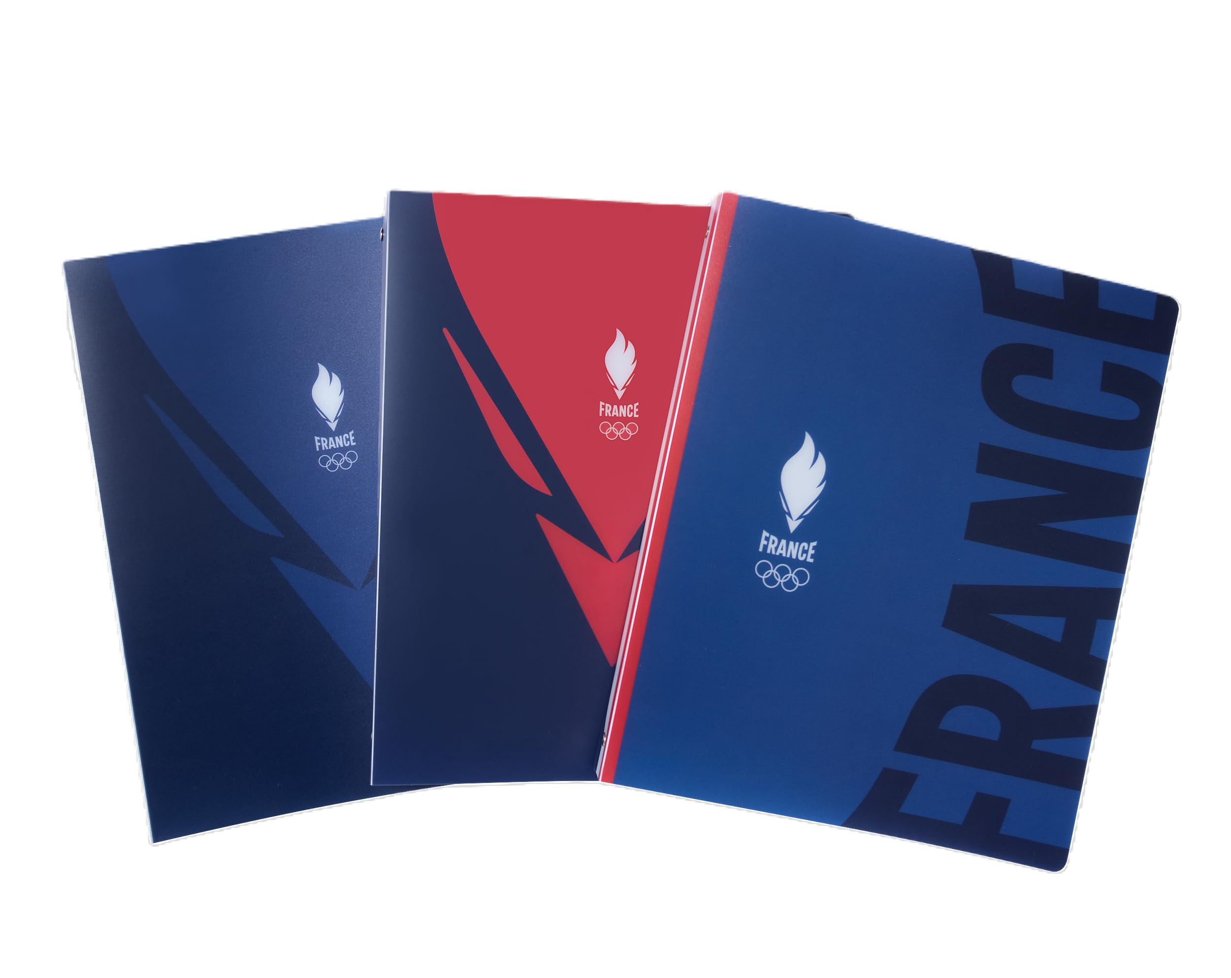 Olympiques Equipe de France A4 40mm Spine 4 Ring Round Polypropylene Cover Opaque 3 Pack, Blue; Red; France