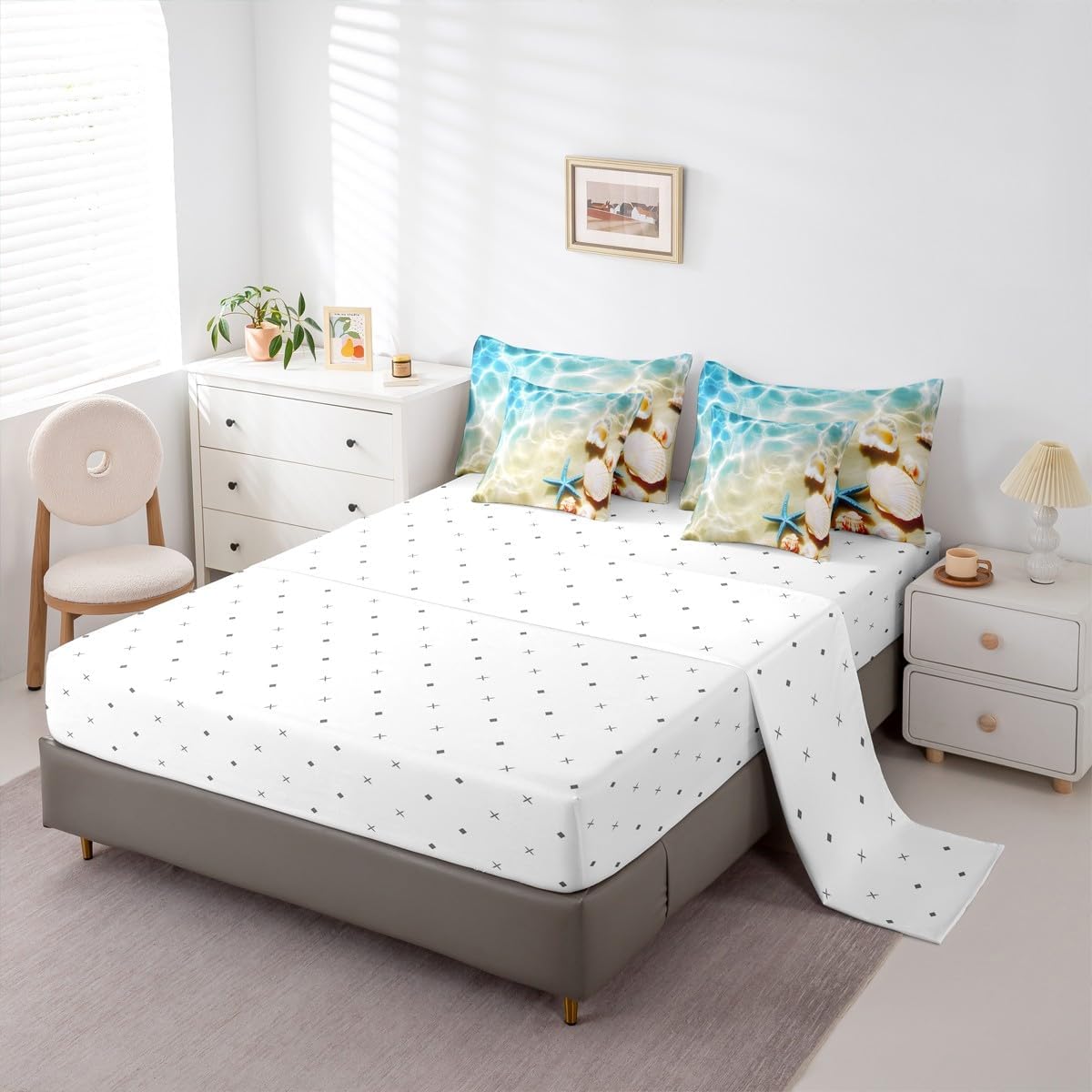 Erosebridal Ocean 7 Piece Bedding Set Queen Beach Comforter Set with Sheets Coastal Nature Bed in A Bag Hawaiian Sea Wave Animals Shell Starfish Bed Sets with 2 Pillowcases, 2 Throw Pillow Covers