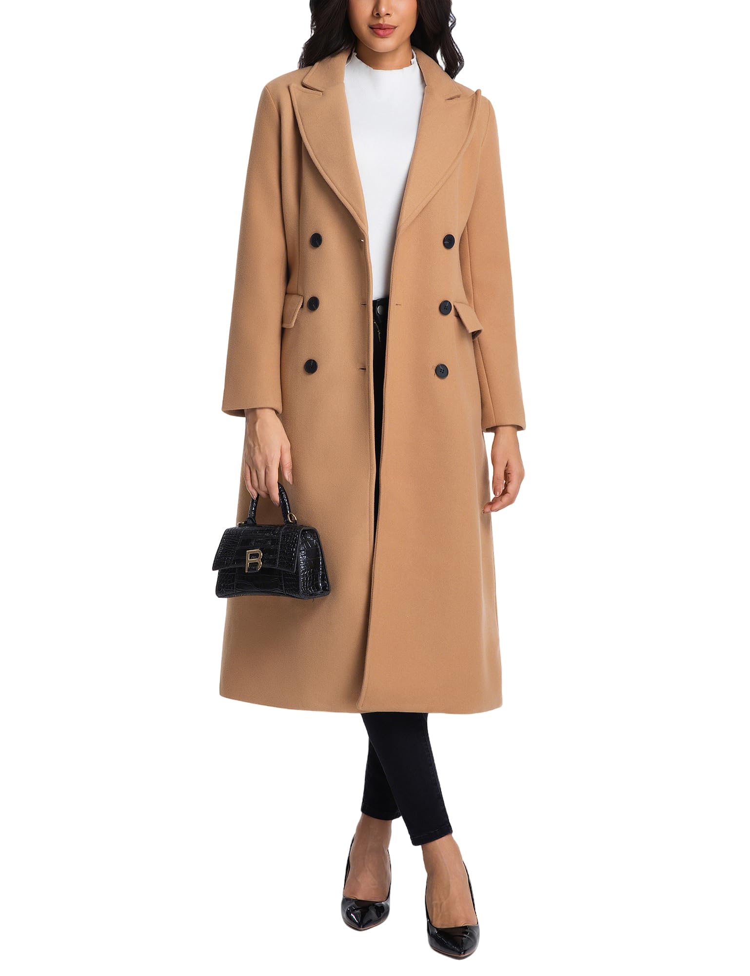 IDEALSANXUN Womens Long Wool Coats Fall Winter Notch Lapel Double Breasted Trench Coat Wool Jackets