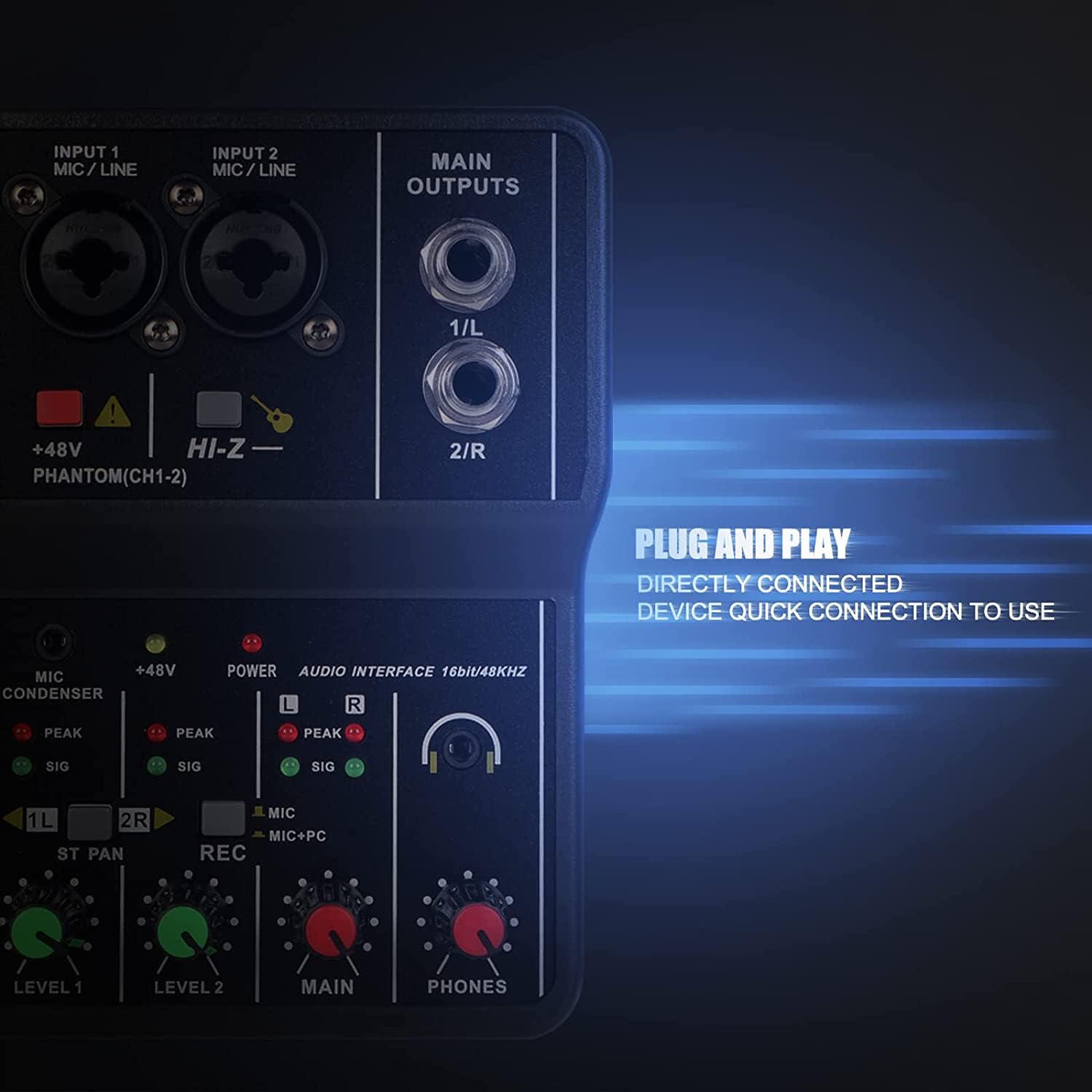 DEVICE OF URBAN INFOTECH Professional Audio Mixer- 2 Channels Audio Mixer USB Audio Interface, 48V Phantom Power, 3.5mm Headphone Input Mixer for Recording Live Streaming, Music Production, Karaoke - Image 5 thumbnail