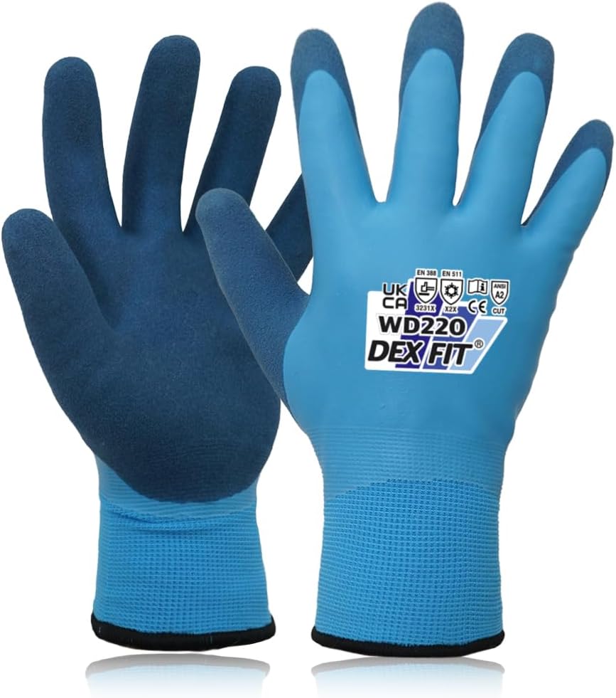 DEX FIT Waterproof Work Gloves WD220 Double, Thermal and Insulated with Warm Fleece, Comfortable and Flexible Fit, Non-slip Sandy Latex Grip, Machine Washable; Blue XL (10) 3 Pairs